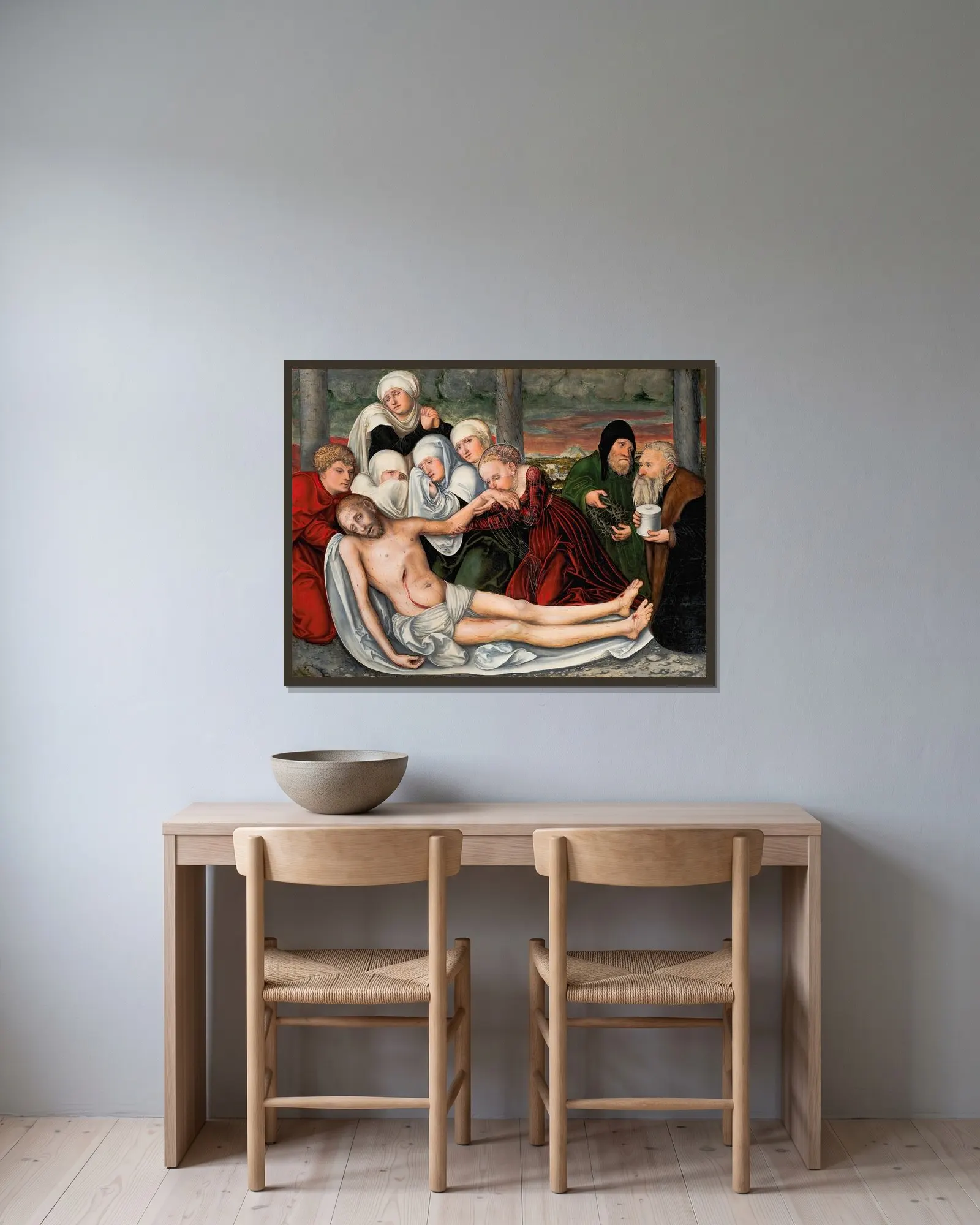 The Lamentation av Lucas Cranach the Elder inramad på en vägg
