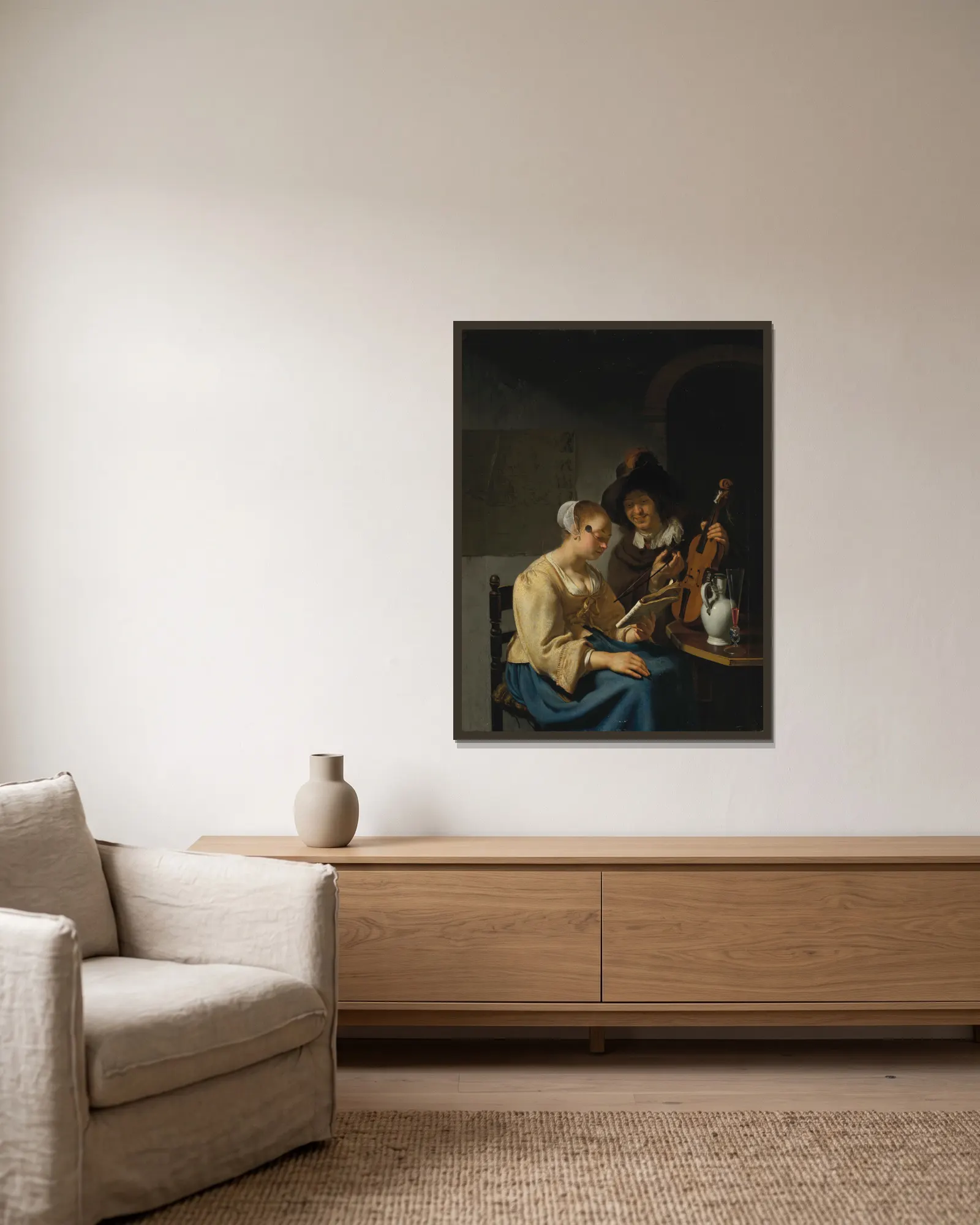 The Music Lesson av Frans van Mieris the Elder inramad på en vägg