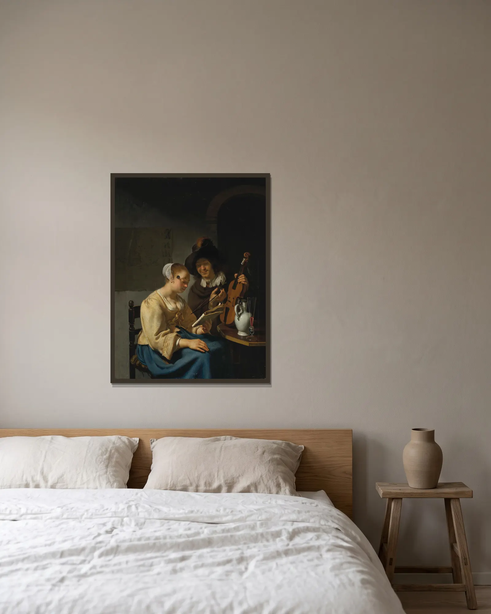 The Music Lesson av Frans van Mieris the Elder inramad på en vägg
