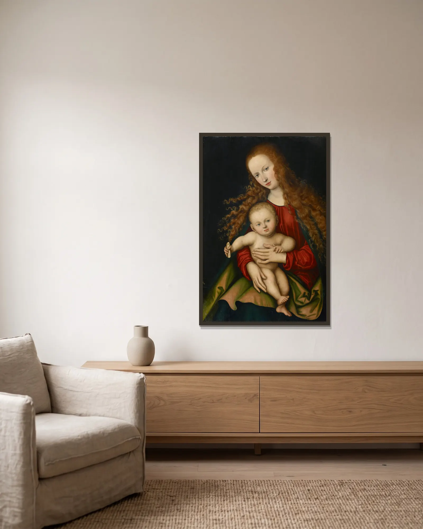 Virgin and Child av Lucas Cranach the Elder inramad på en vägg