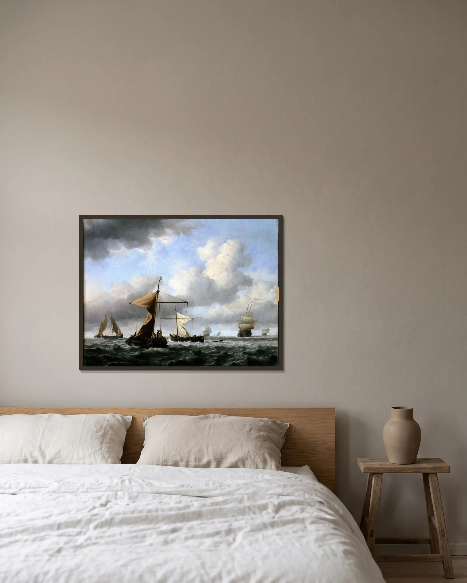 A Brisk Breeze av Willem van de Velde the Younger inramad på en vägg
