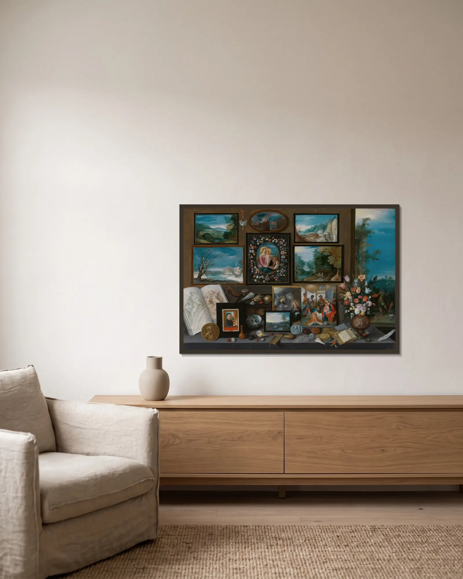 A Collector’s Cabinet av Frans Francken the Younger inramad på en vägg