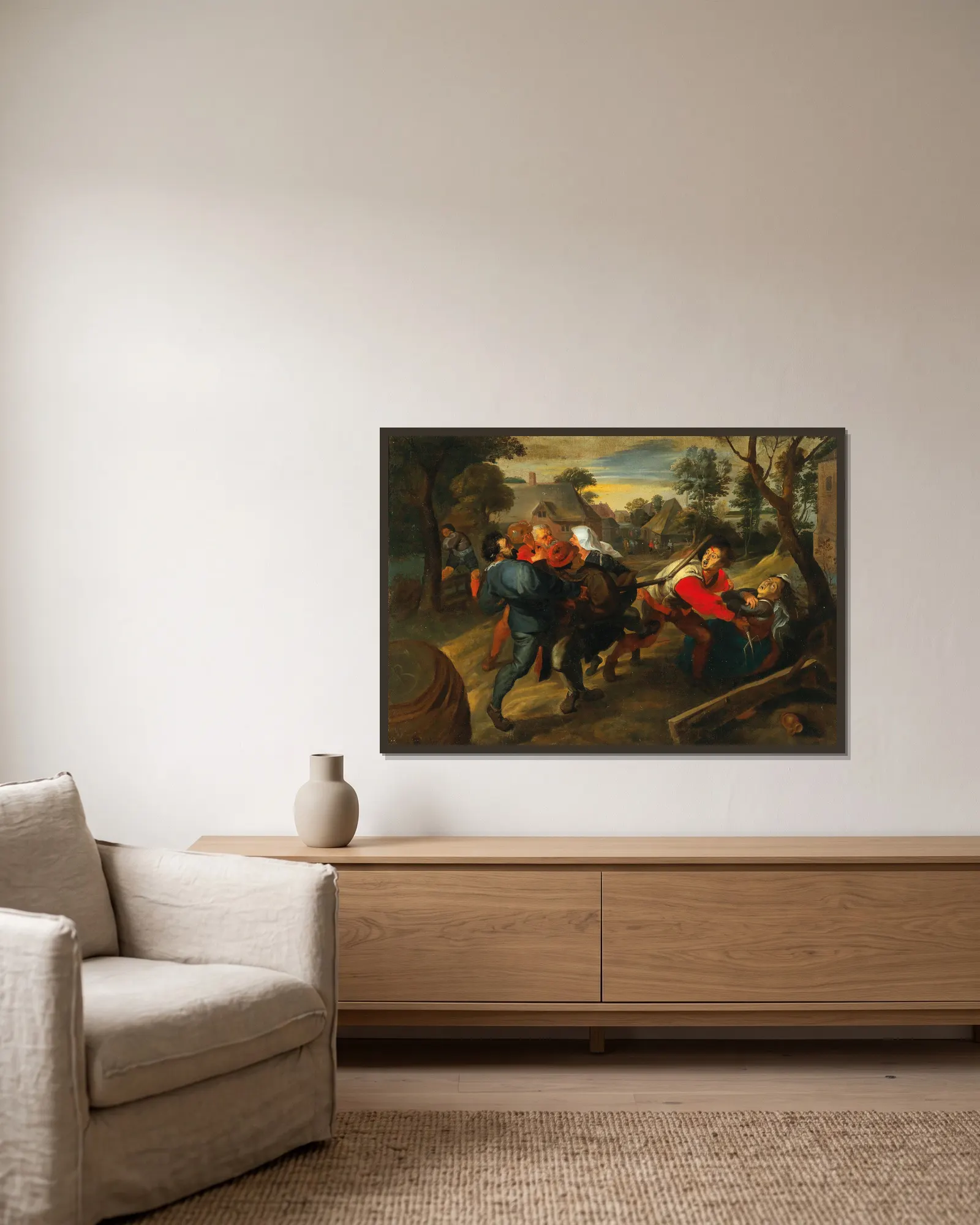 A Village Brawl av Jan Brueghel the Younger inramad på en vägg