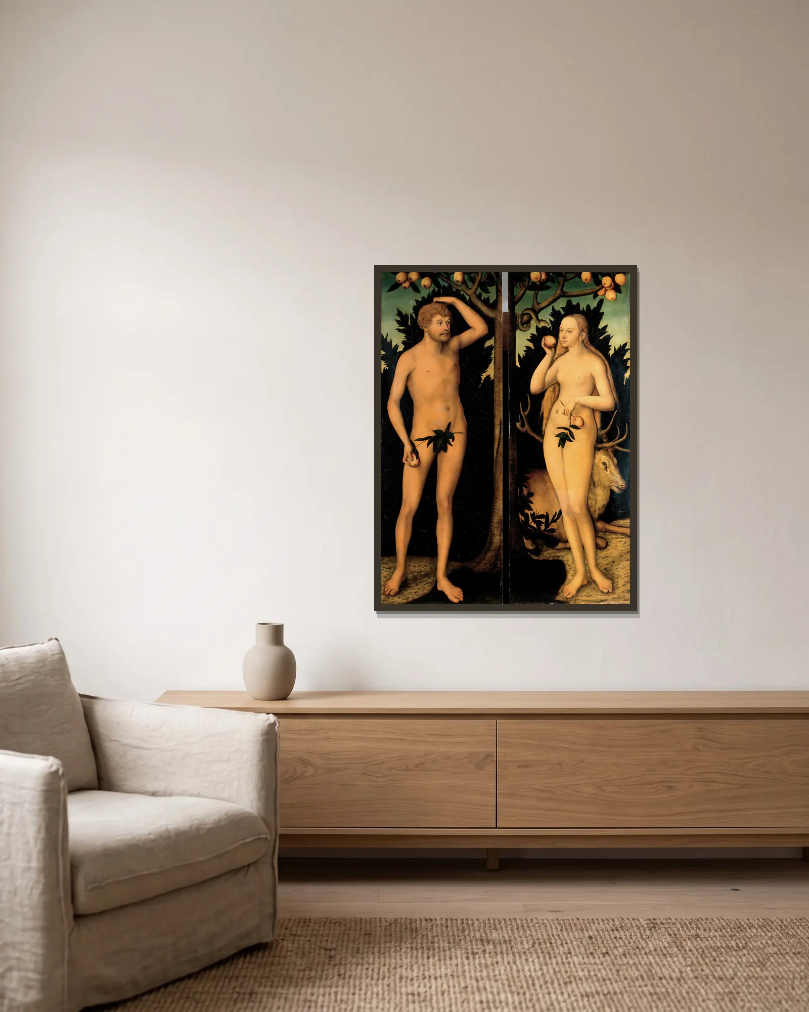 Adam and Eve av Lucas Cranach the Younger inramad på en vägg