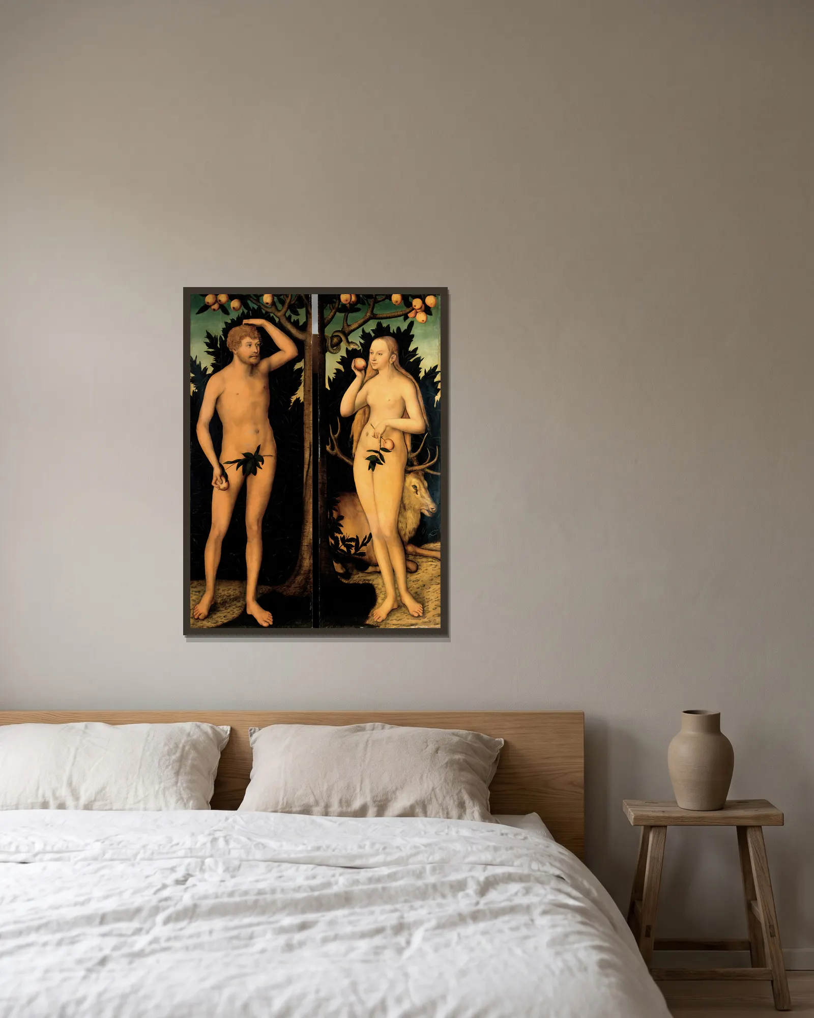 Adam and Eve av Lucas Cranach the Younger inramad på en vägg