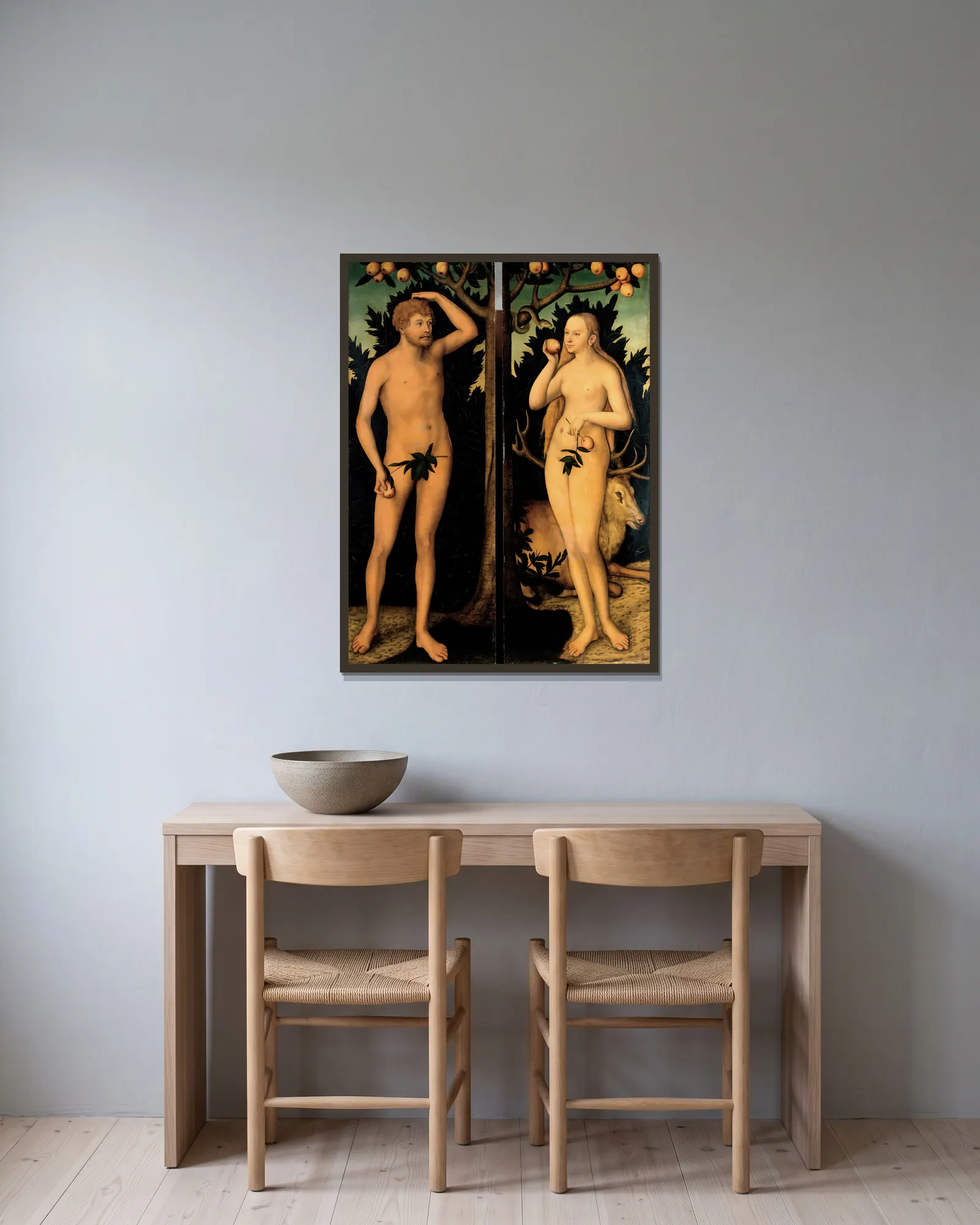 Adam and Eve av Lucas Cranach the Younger inramad på en vägg