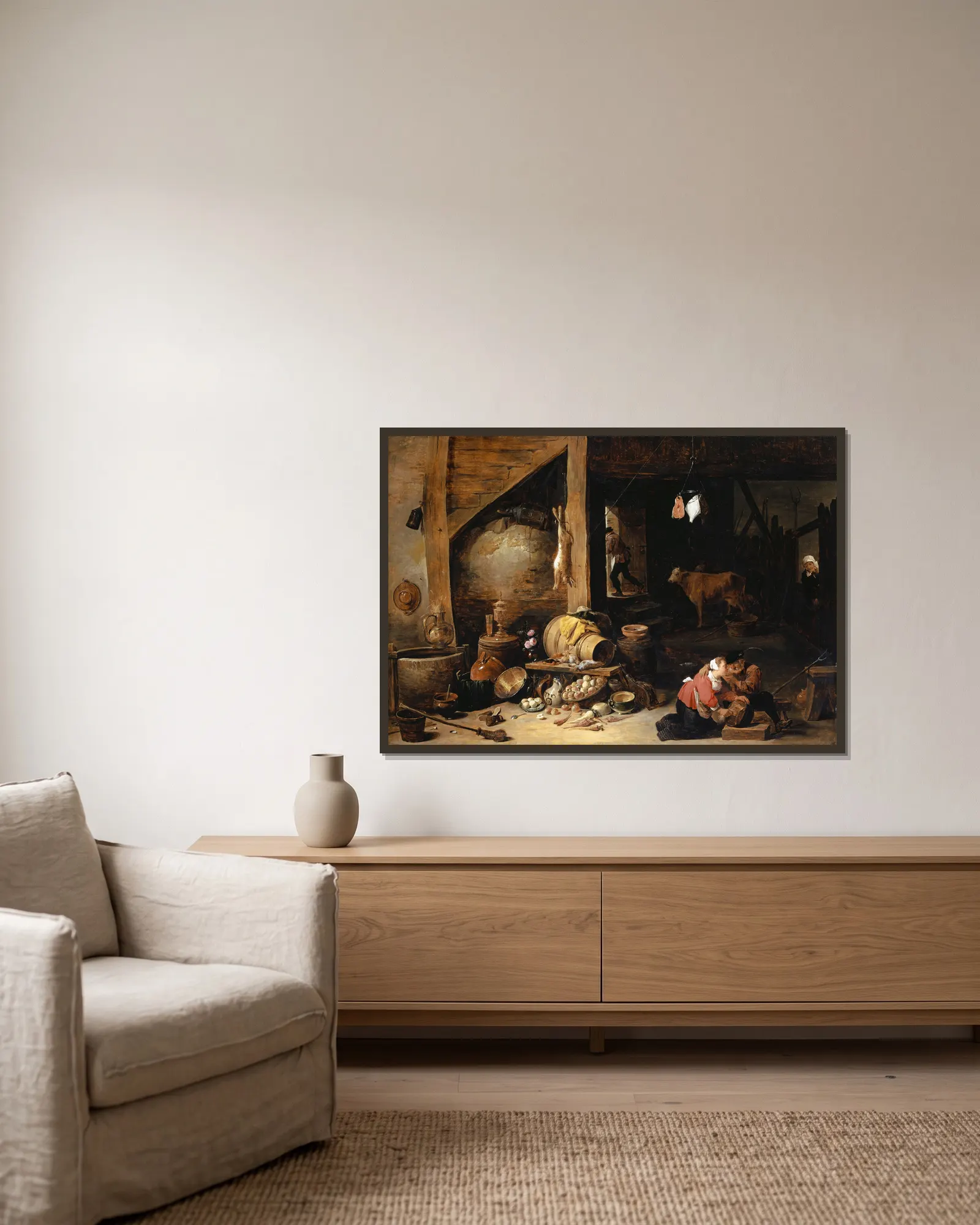 In the Stable av David Teniers The Younger inramad på en vägg
