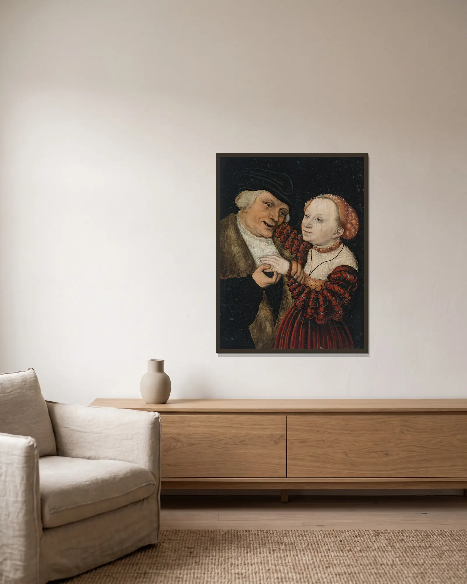 The Ill-Matched Lovers av Lucas Cranach the Younger inramad på en vägg