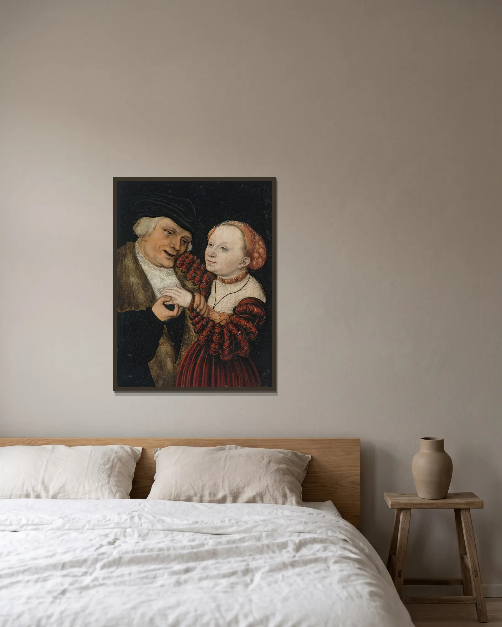 The Ill-Matched Lovers av Lucas Cranach the Younger inramad på en vägg