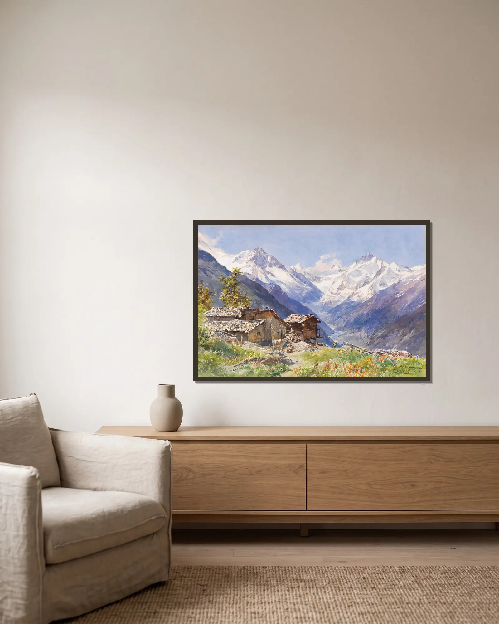 Die Alpe Barneuza (Wallis) av Edward Theodore Compton inramad på en vägg
