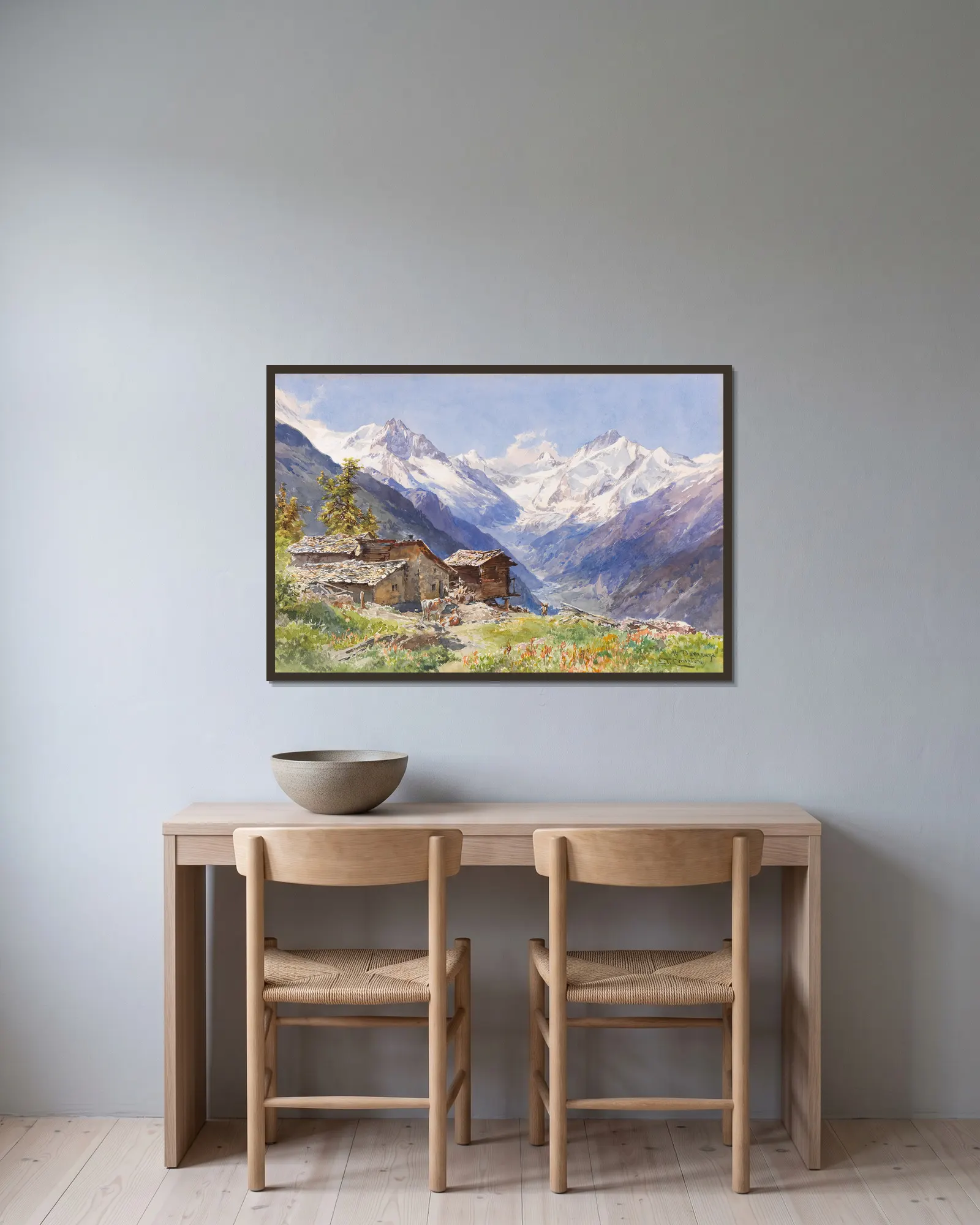 Die Alpe Barneuza (Wallis) av Edward Theodore Compton inramad på en vägg