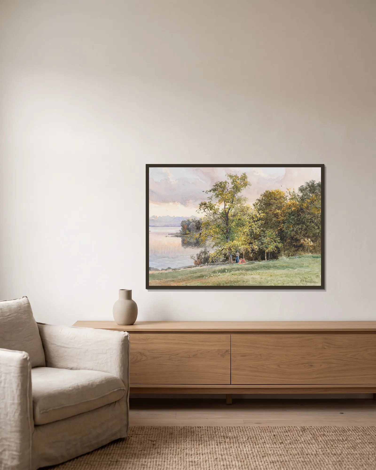 Landschaft am Starnberger See av Edward Theodore Compton inramad på en vägg
