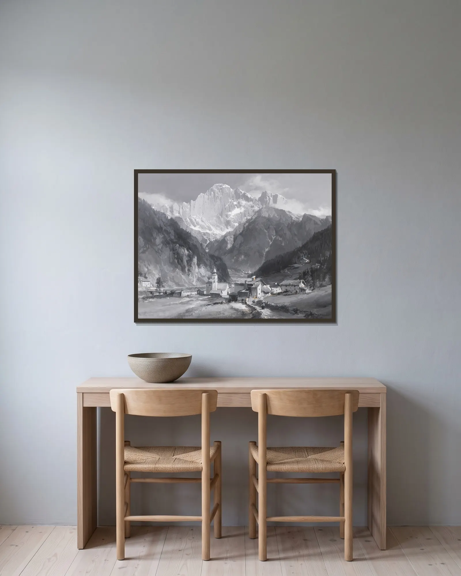 Monte Civetta av Edward Theodore Compton inramad på en vägg