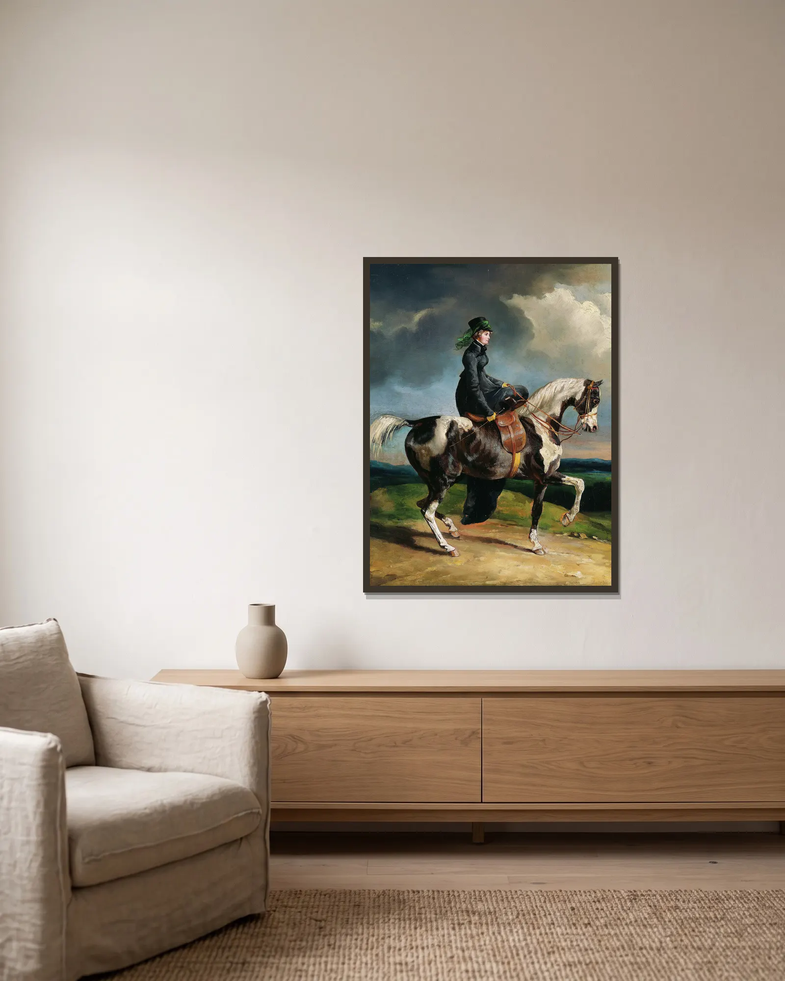Horsewoman (1820 or later) av Théodore Géricault inramad på en vägg