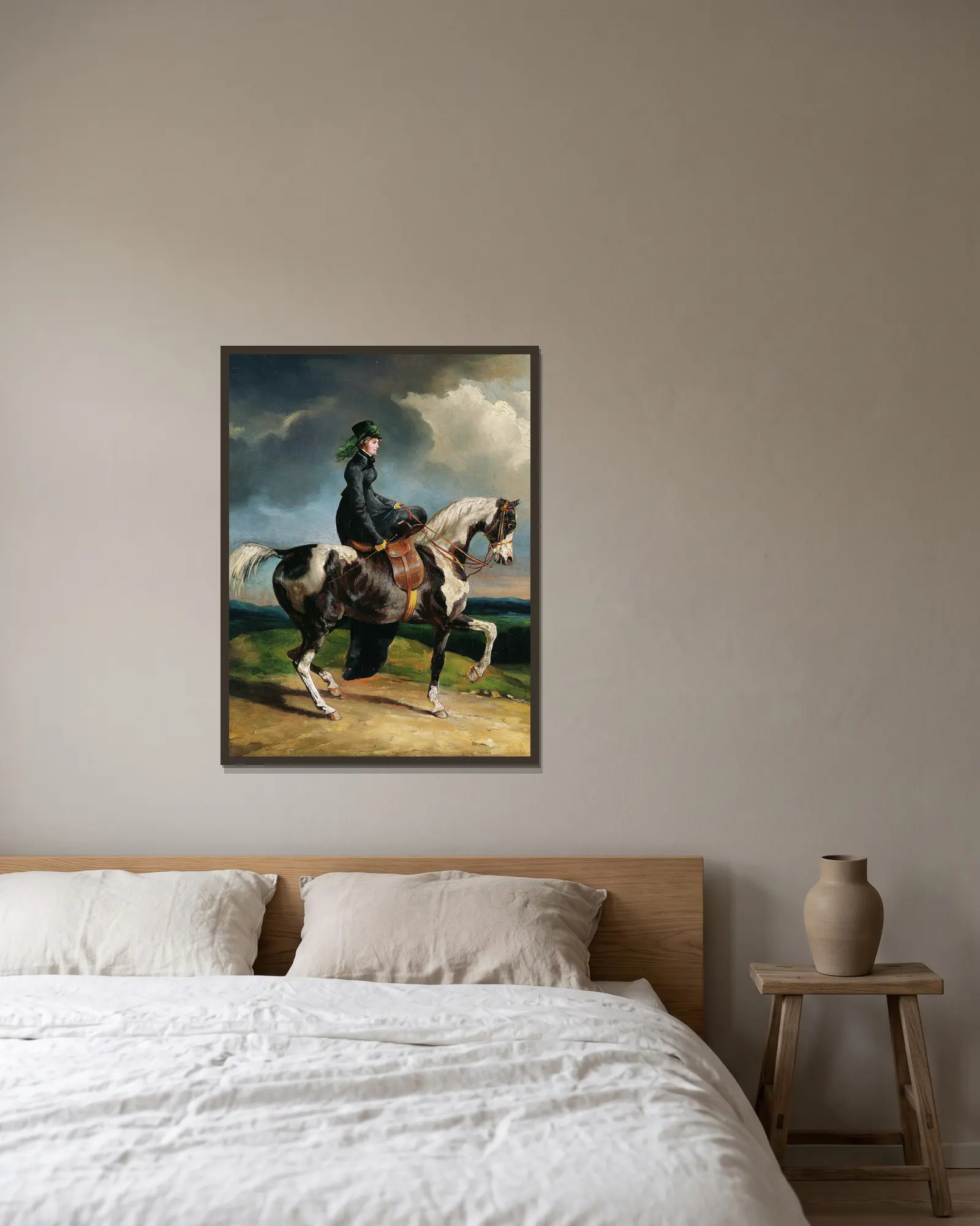 Horsewoman (1820 or later) av Théodore Géricault inramad på en vägg