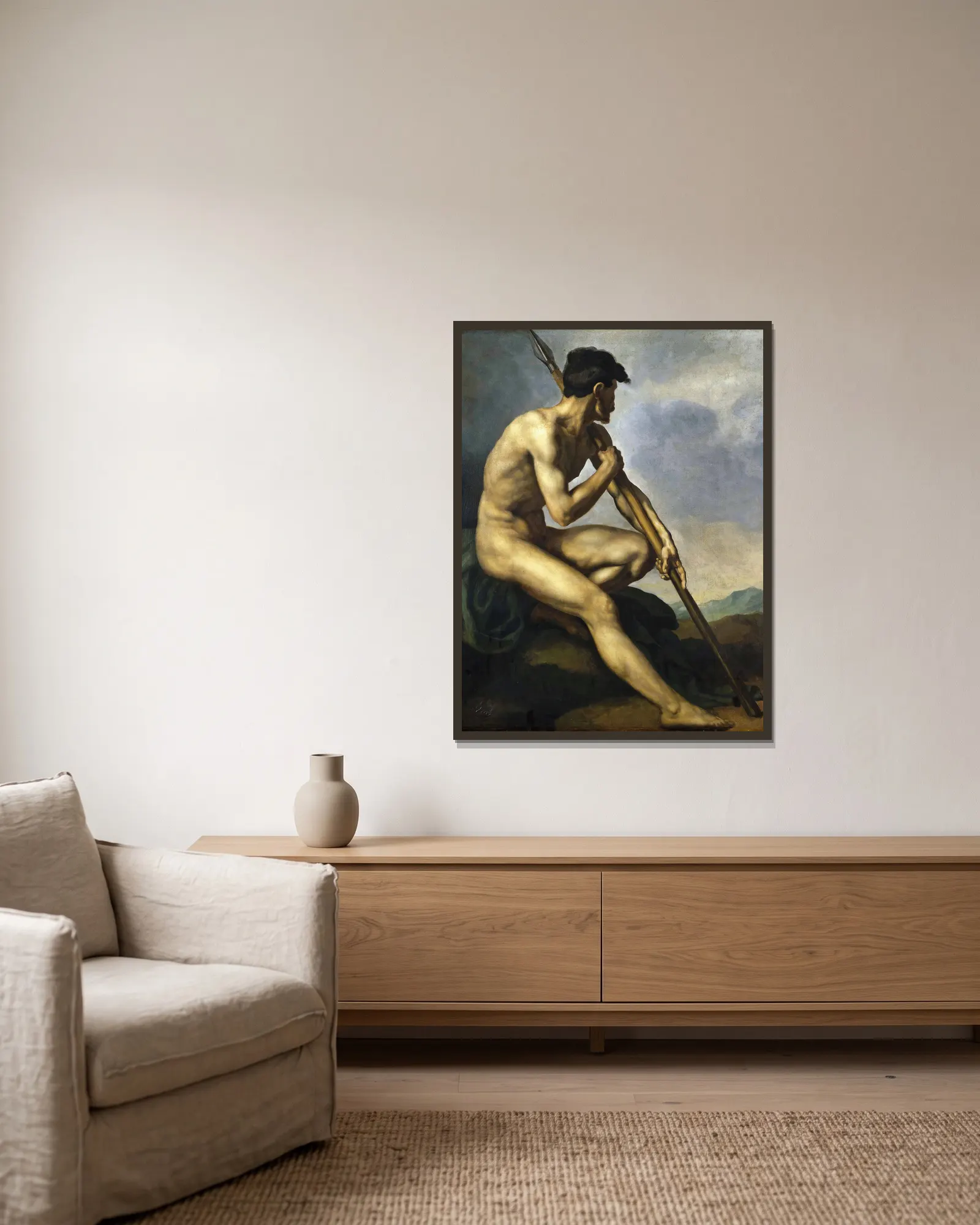 Nude Warrior with a Spear av Théodore Géricault inramad på en vägg