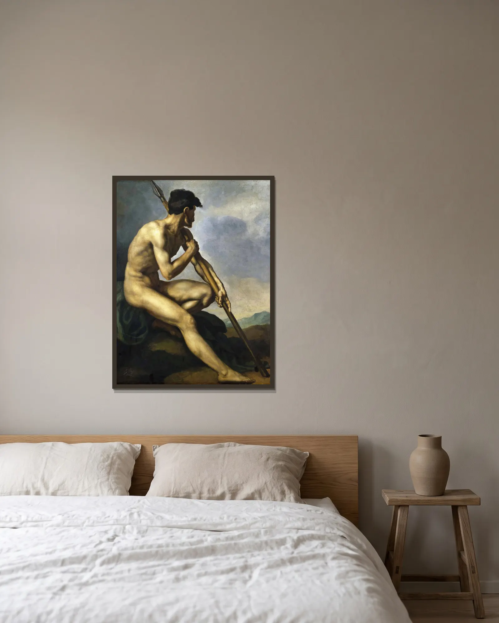 Nude Warrior with a Spear av Théodore Géricault inramad på en vägg