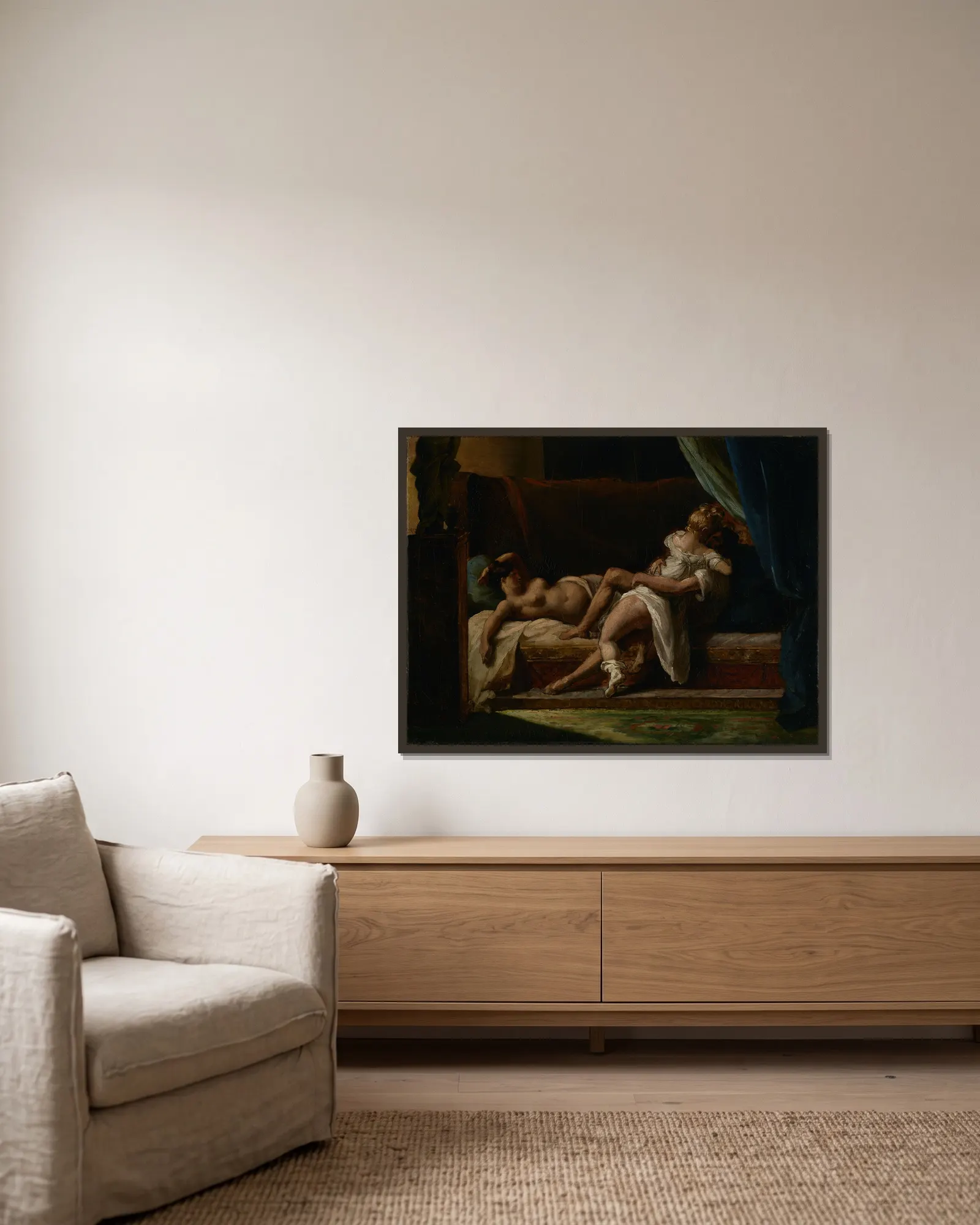 Three Lovers av Théodore Géricault inramad på en vägg