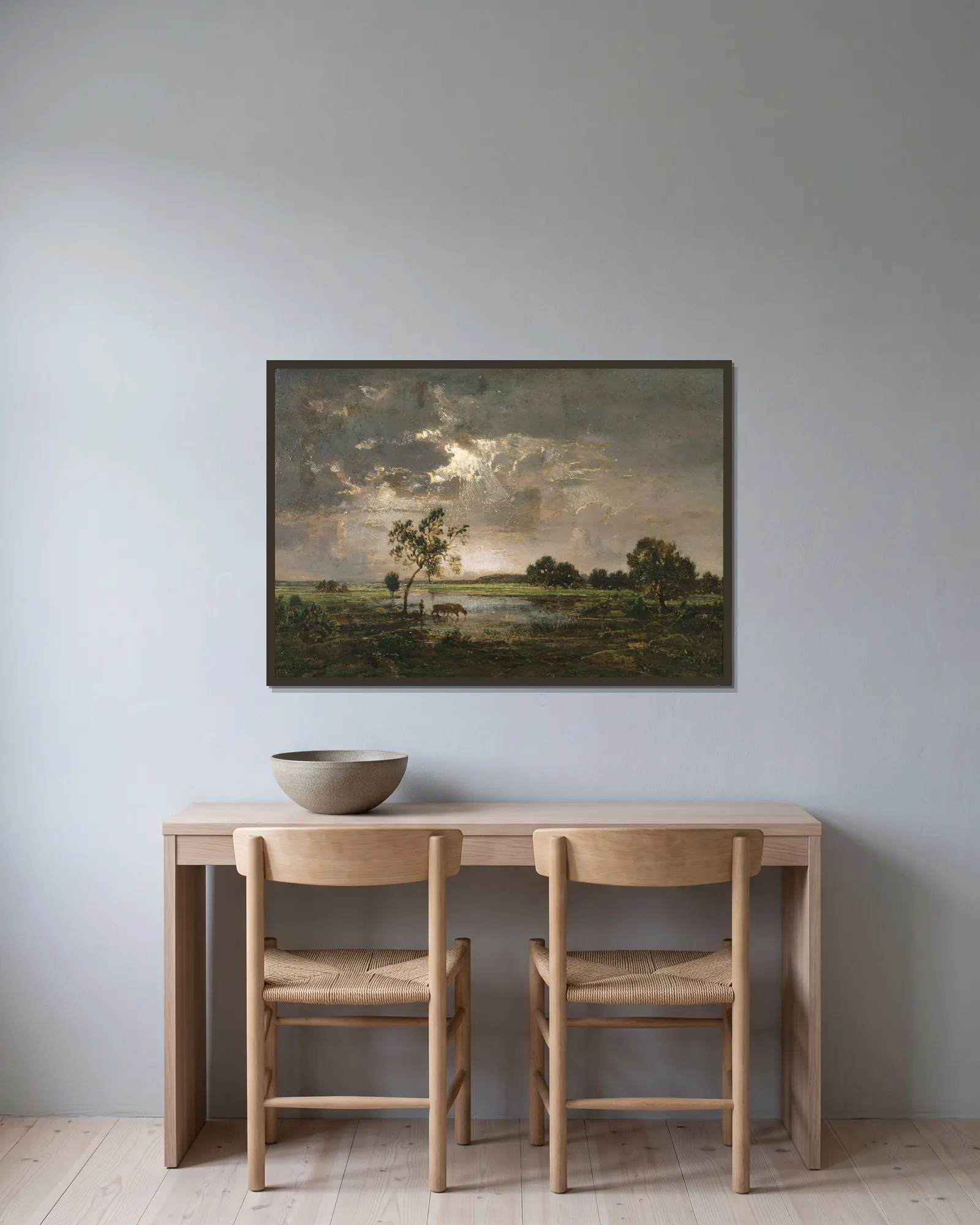 Landscape av Théodore Rousseau inramad på en vägg