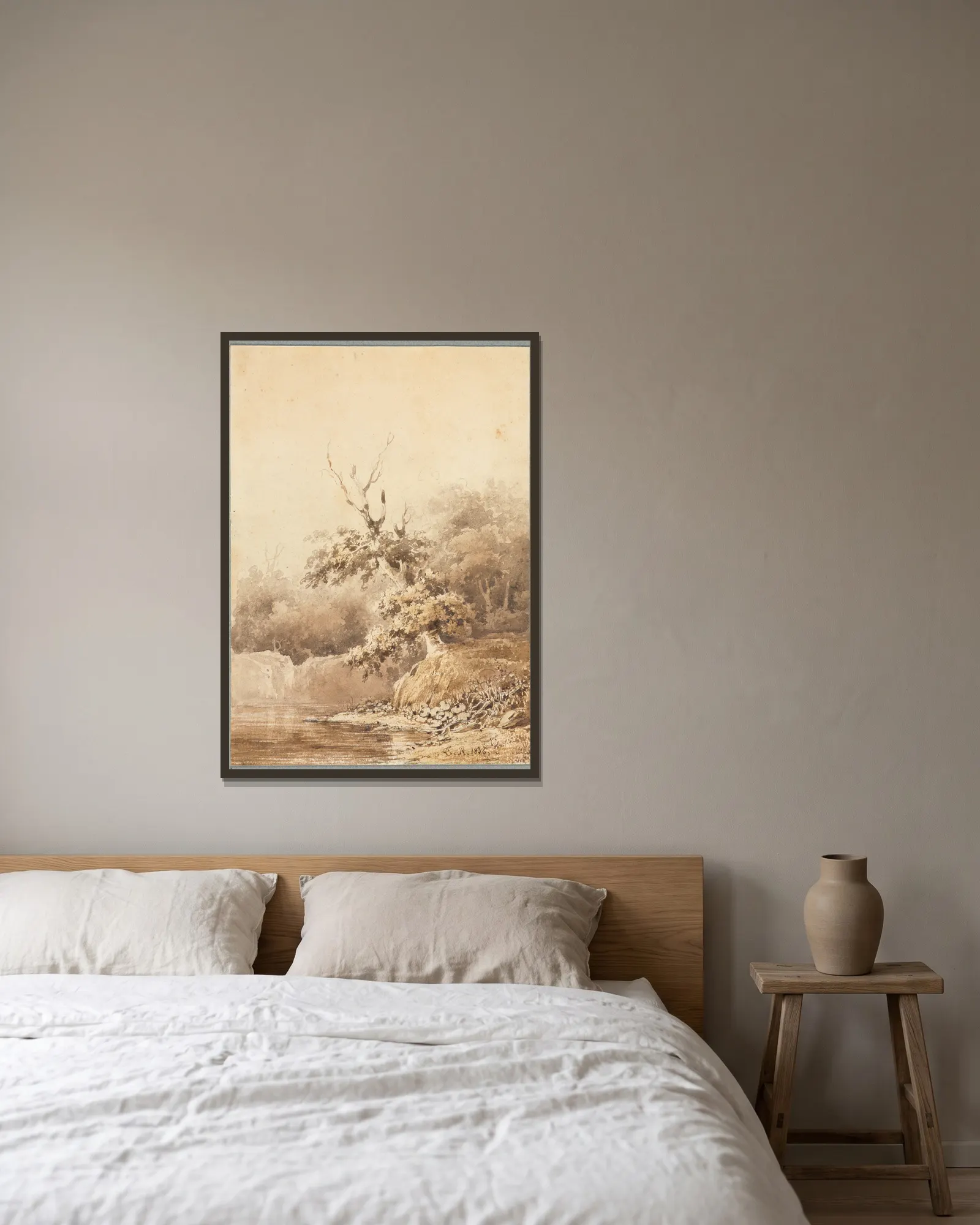 Landscape av Théodore Rousseau inramad på en vägg