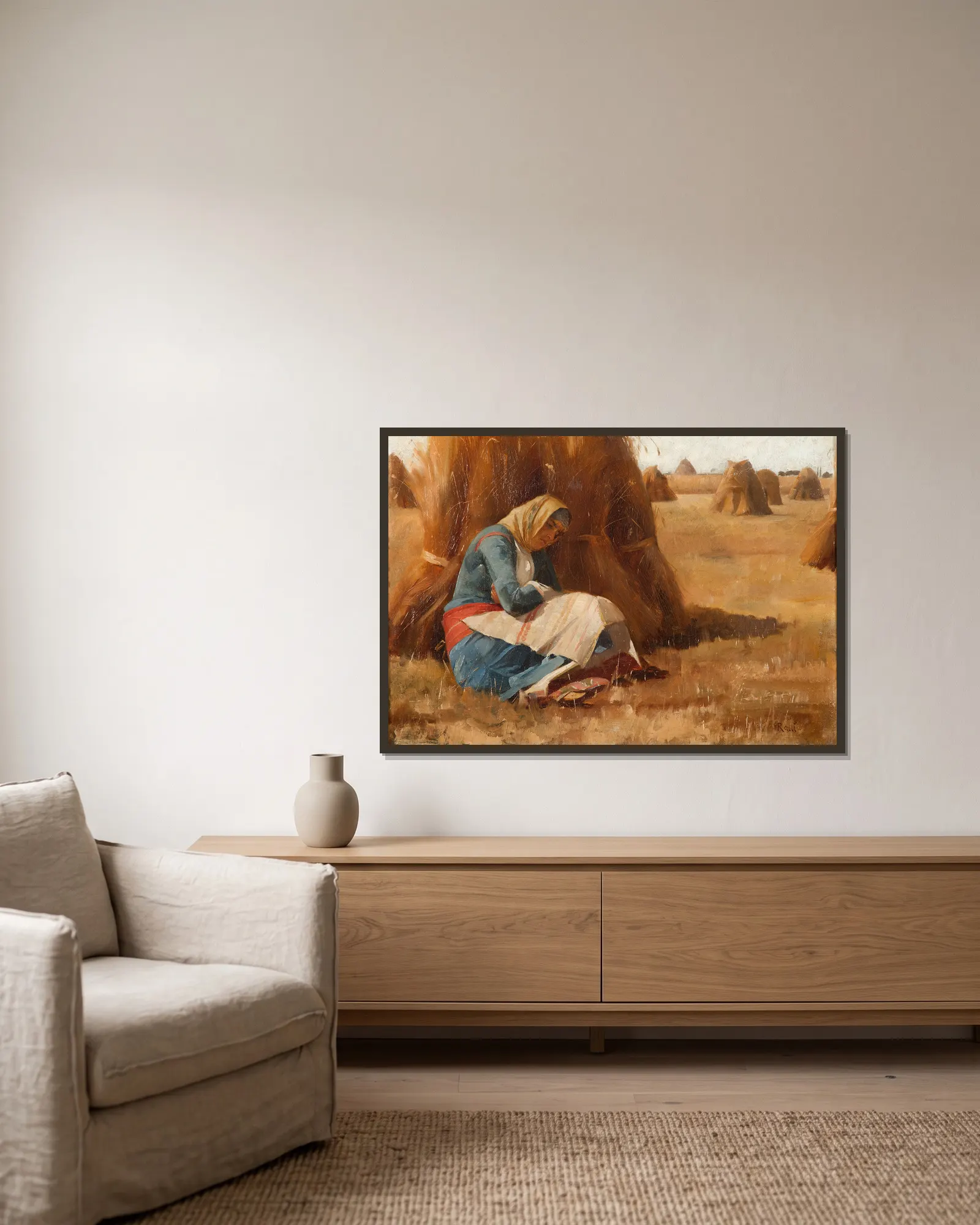 Resting by a haystack av Theodoros Ralli inramad på en vägg