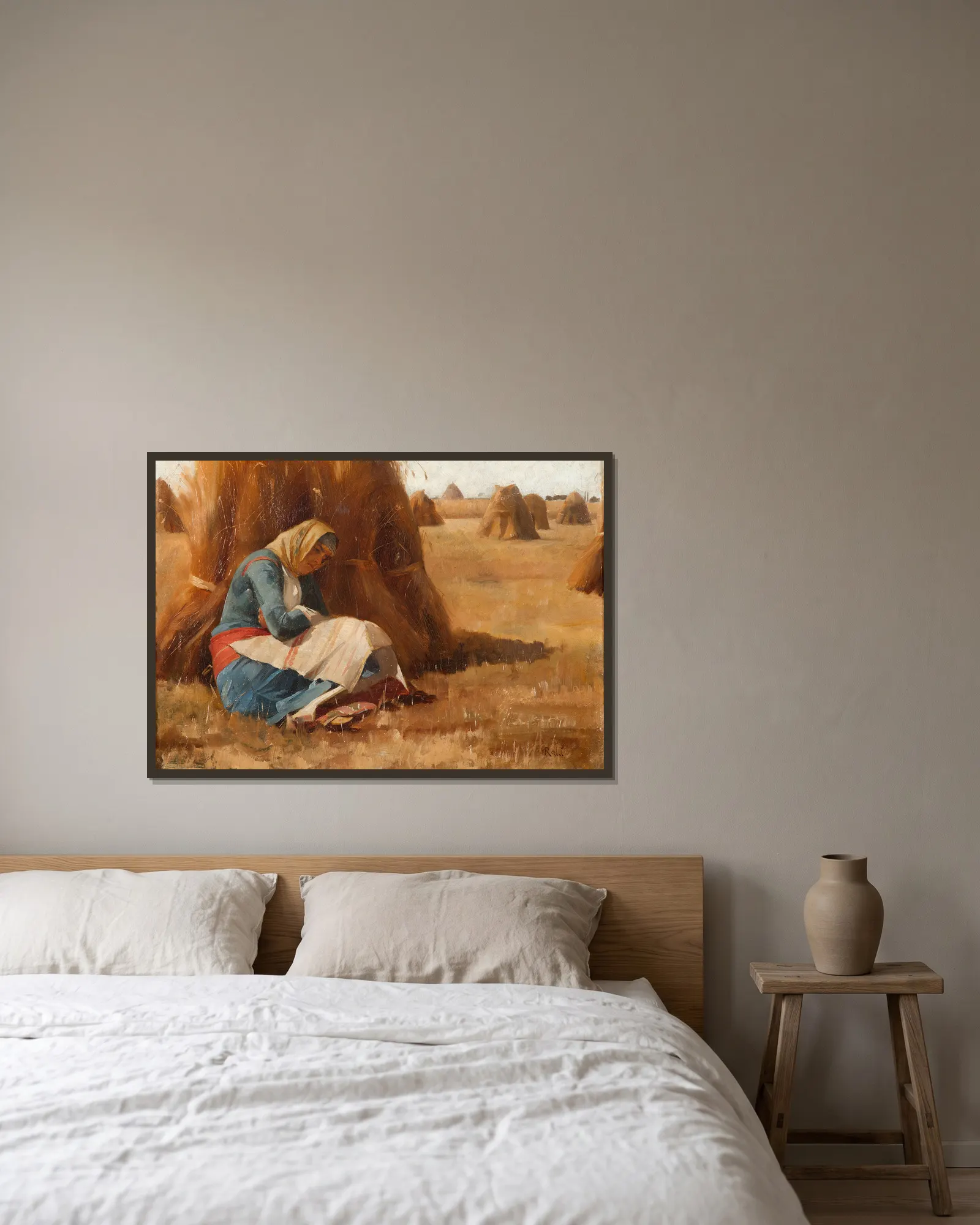 Resting by a haystack av Theodoros Ralli inramad på en vägg