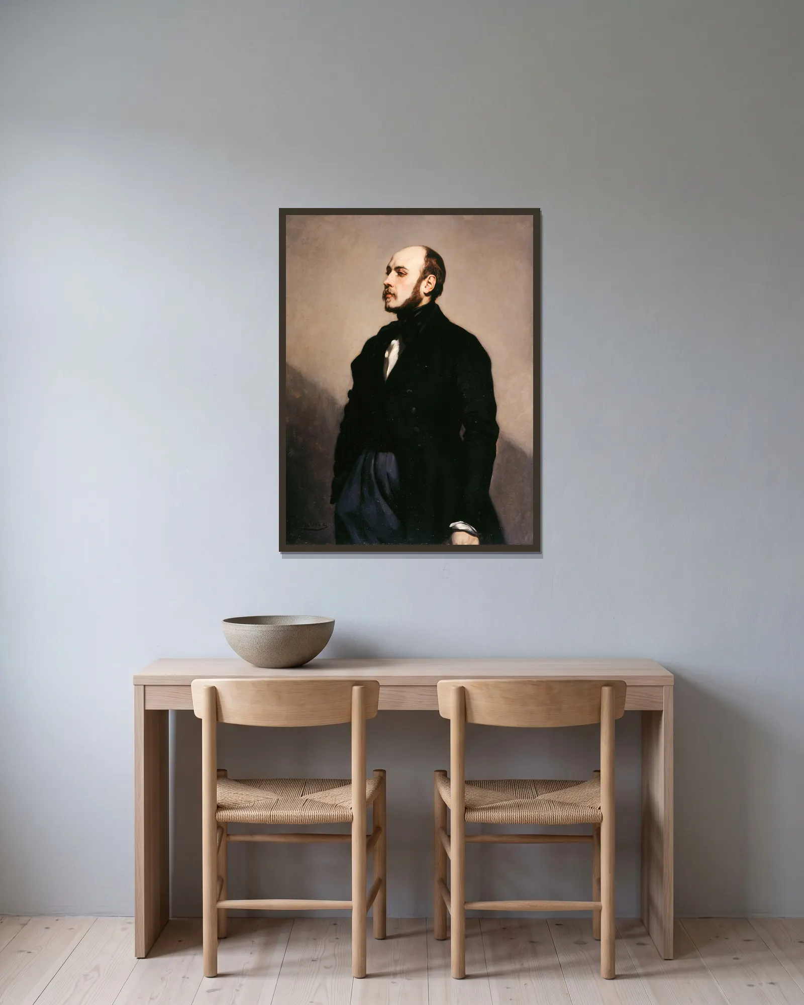 Portrait de Léon Ohnet av Thomas Couture inramad på en vägg