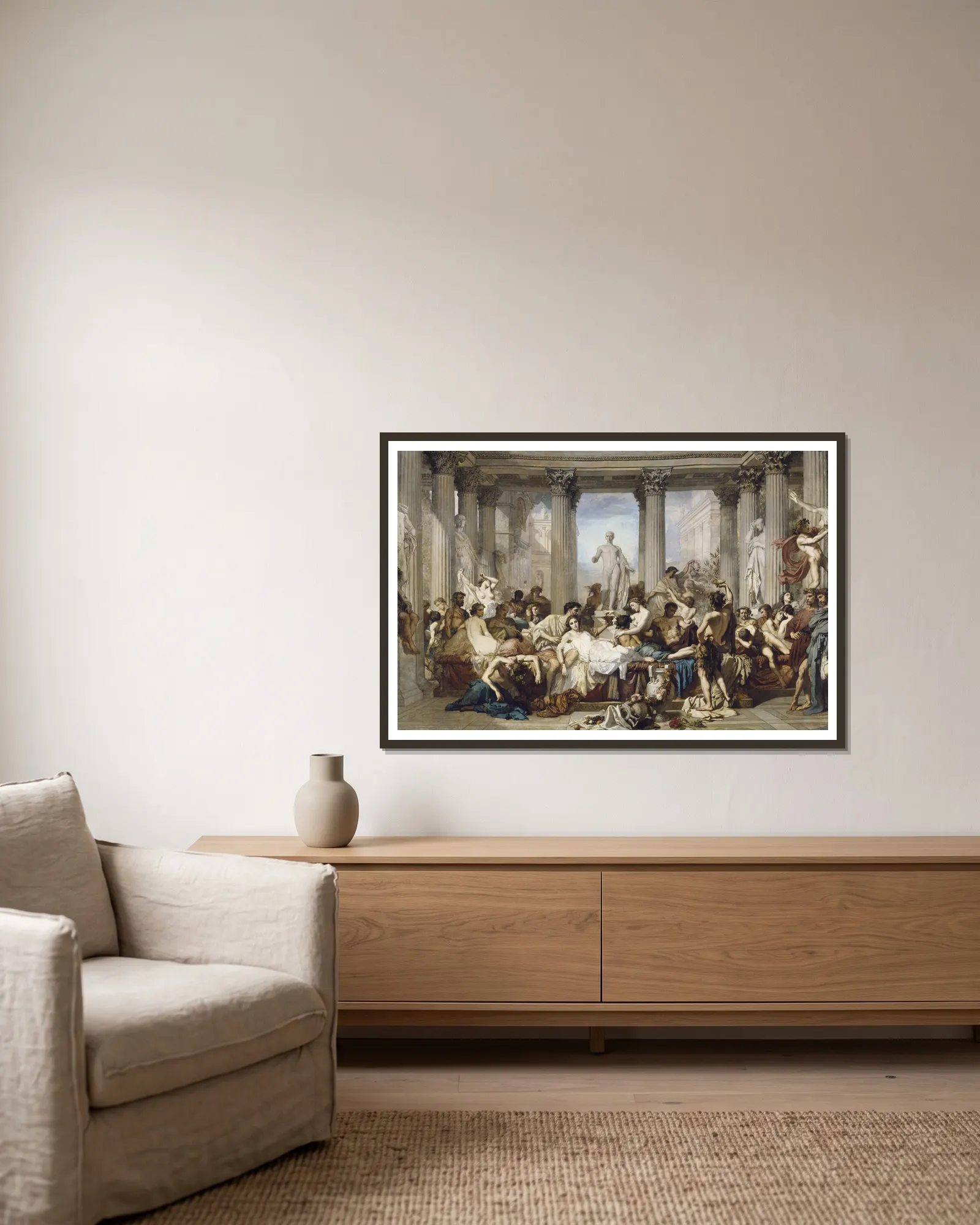 Romans during the Decadence av Thomas Couture inramad på en vägg