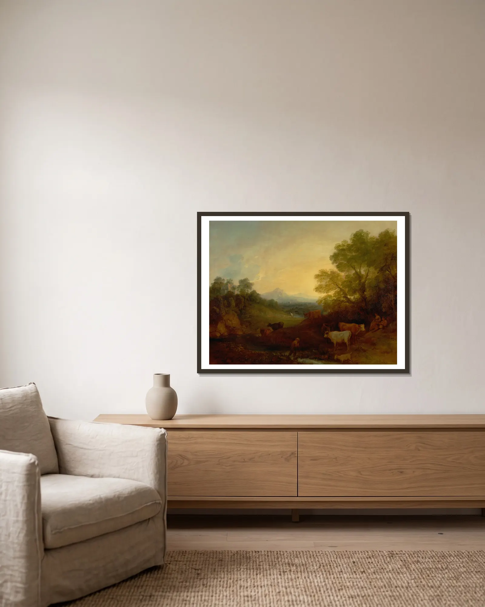 Landscape with Cattle – nr 1 av Thomas Gainsborough inramad på en vägg