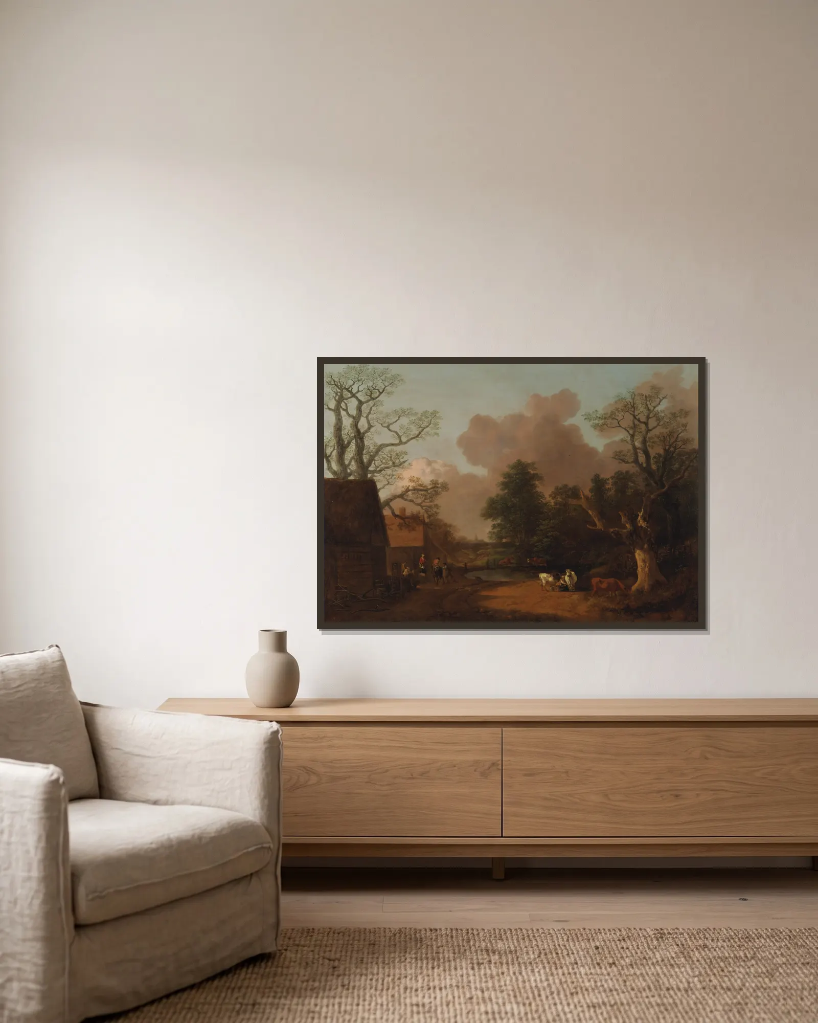 Landscape with Milkmaid av Thomas Gainsborough inramad på en vägg