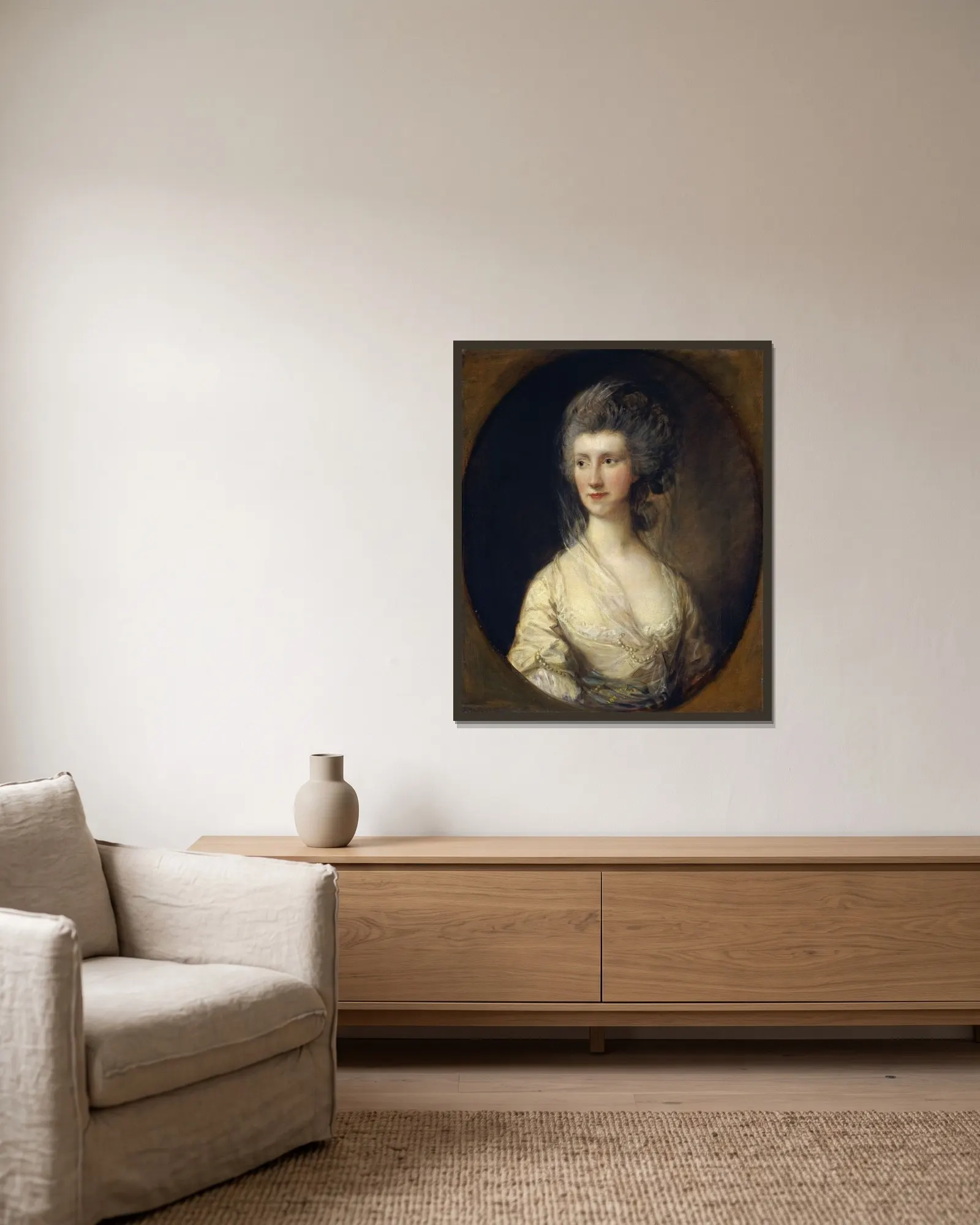 Mrs. John Taylor av Thomas Gainsborough inramad på en vägg