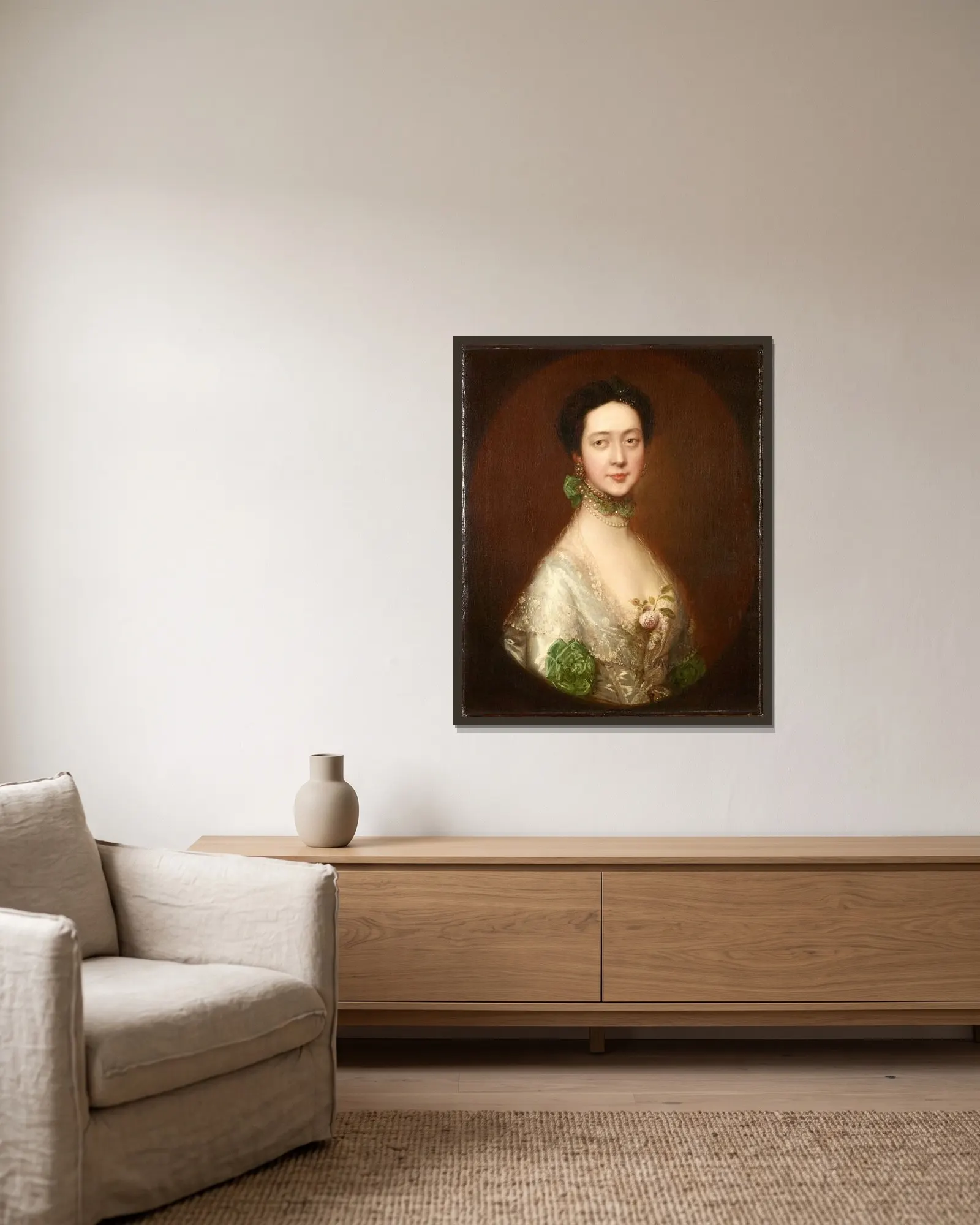Mrs. William Monck av Thomas Gainsborough inramad på en vägg