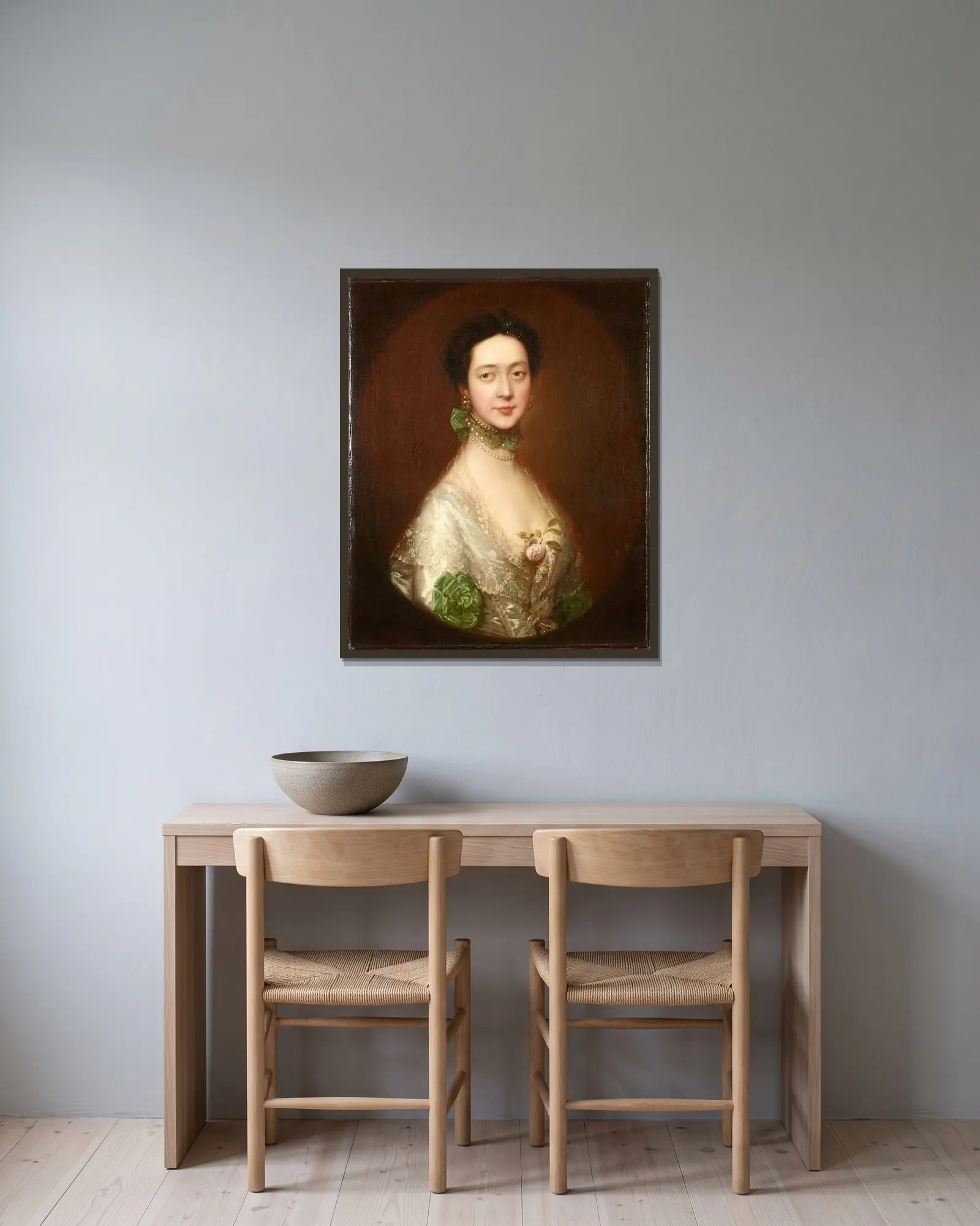 Mrs. William Monck av Thomas Gainsborough inramad på en vägg
