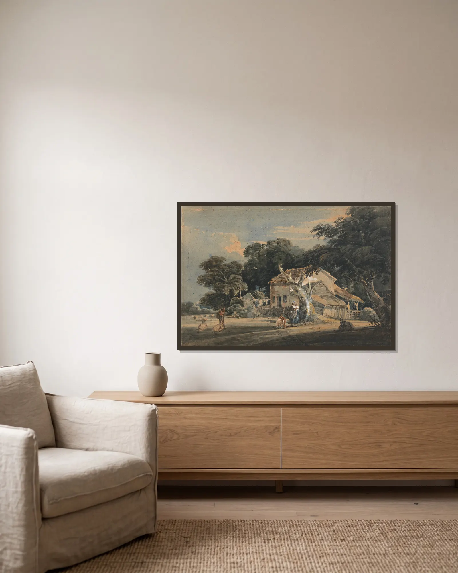 A Devonshire Farm av Thomas Girtin inramad på en vägg