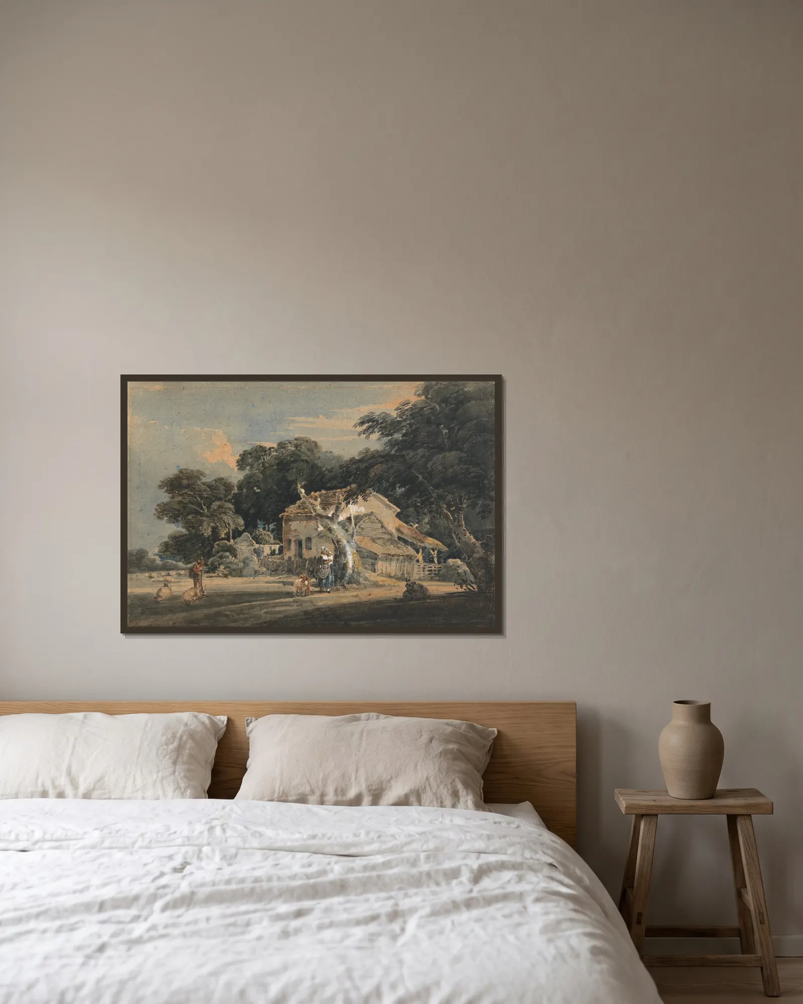 A Devonshire Farm av Thomas Girtin inramad på en vägg