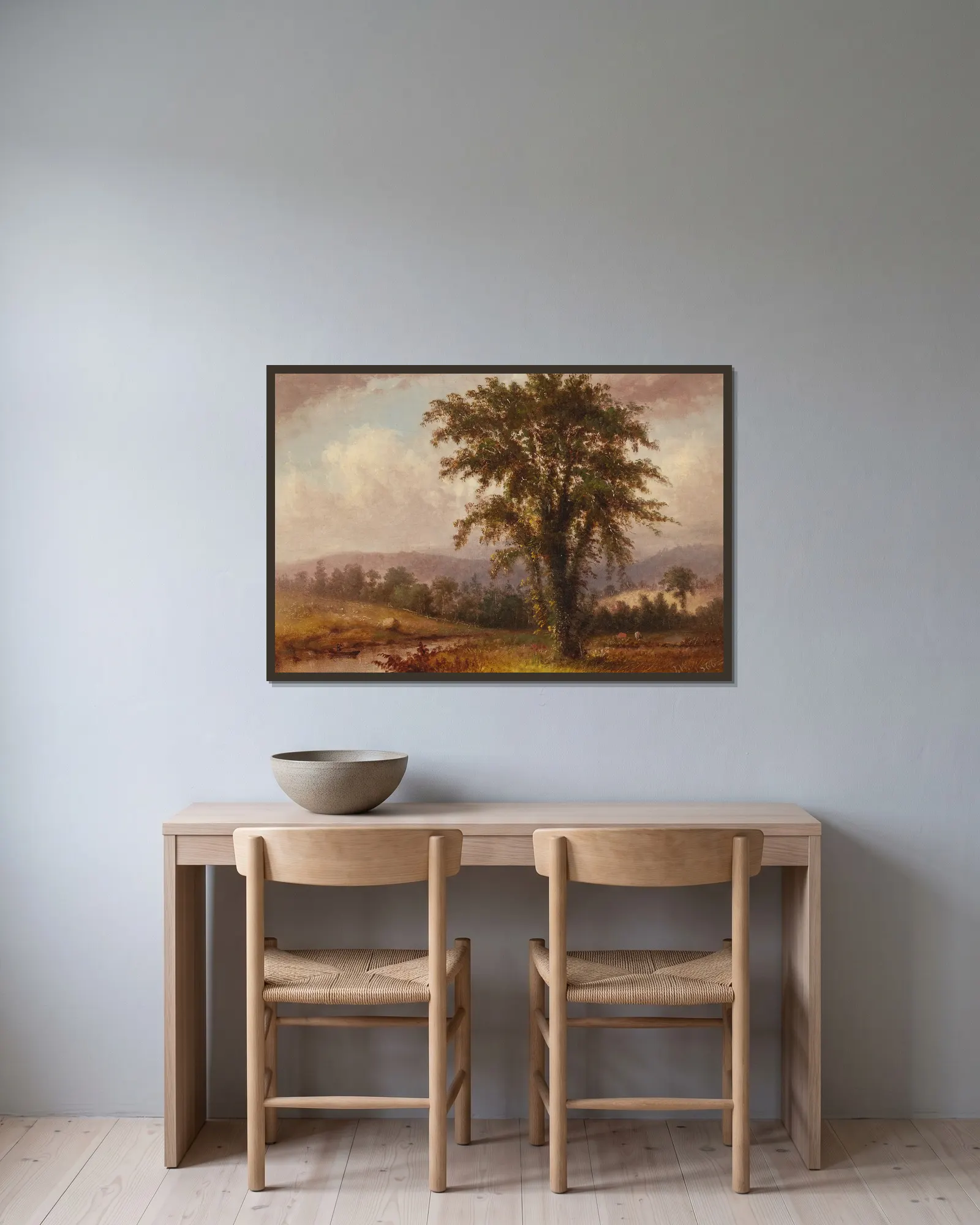 Landscape av Thomas Hill inramad på en vägg