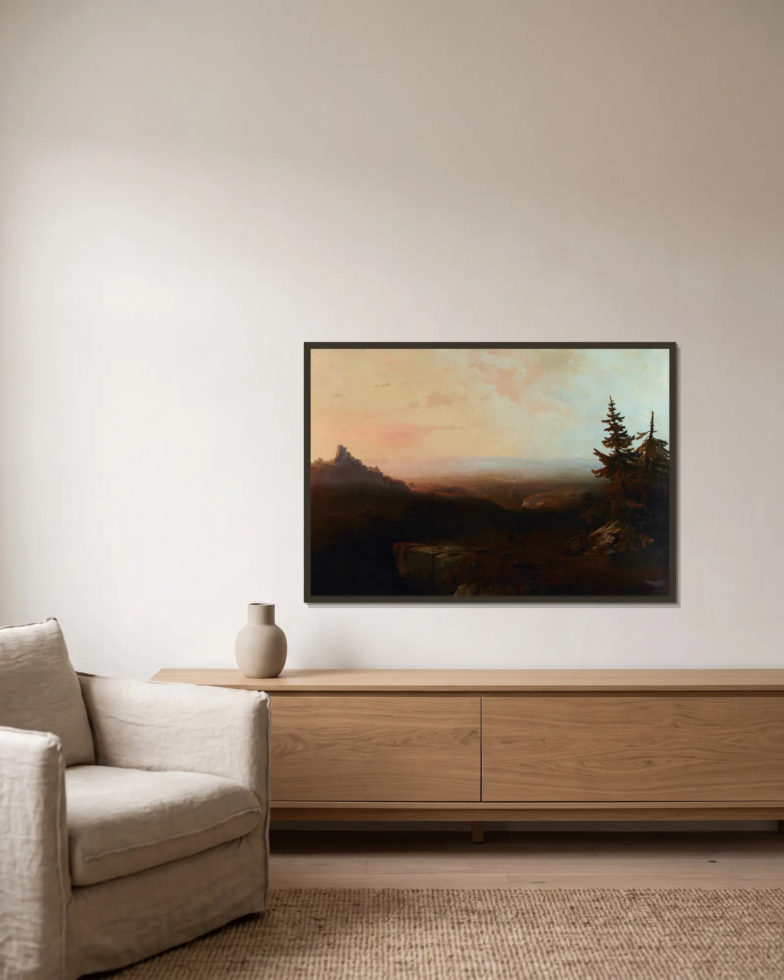 Mountain Scene av Thomas Moran inramad på en vägg