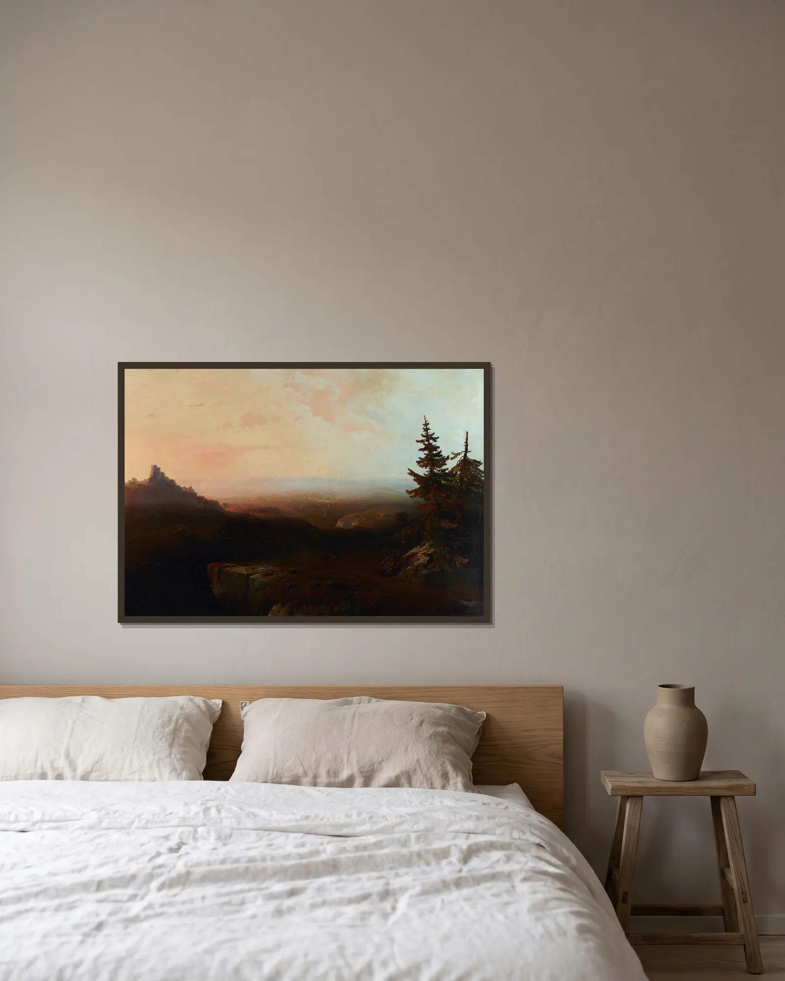 Mountain Scene av Thomas Moran inramad på en vägg