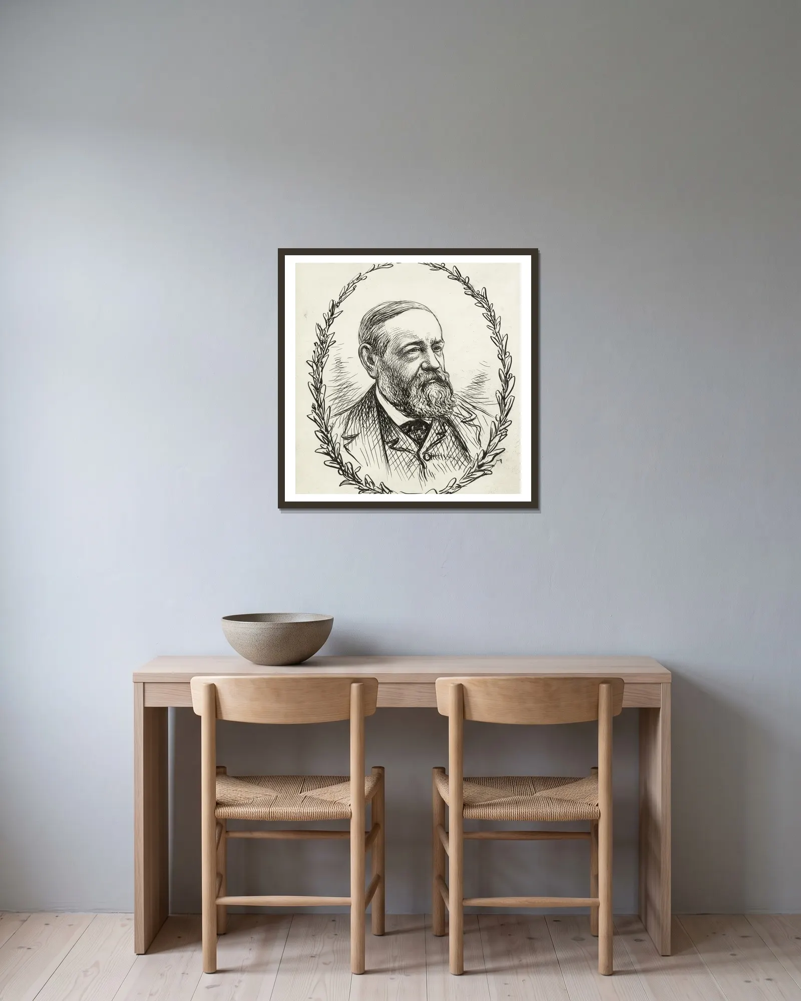 Benjamin Harrison av Thomas Nast inramad på en vägg
