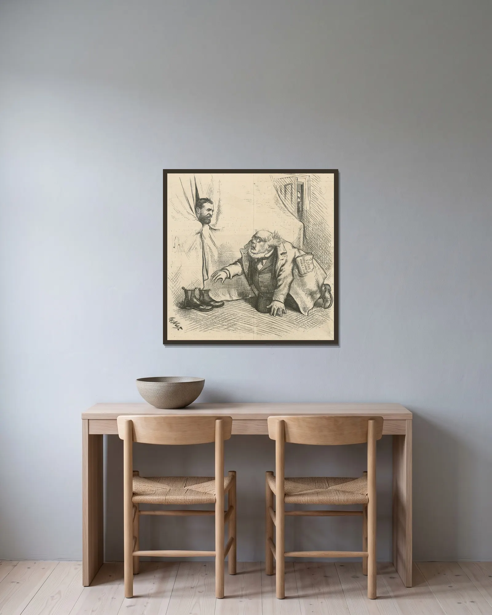 Drop ’em av Thomas Nast inramad på en vägg