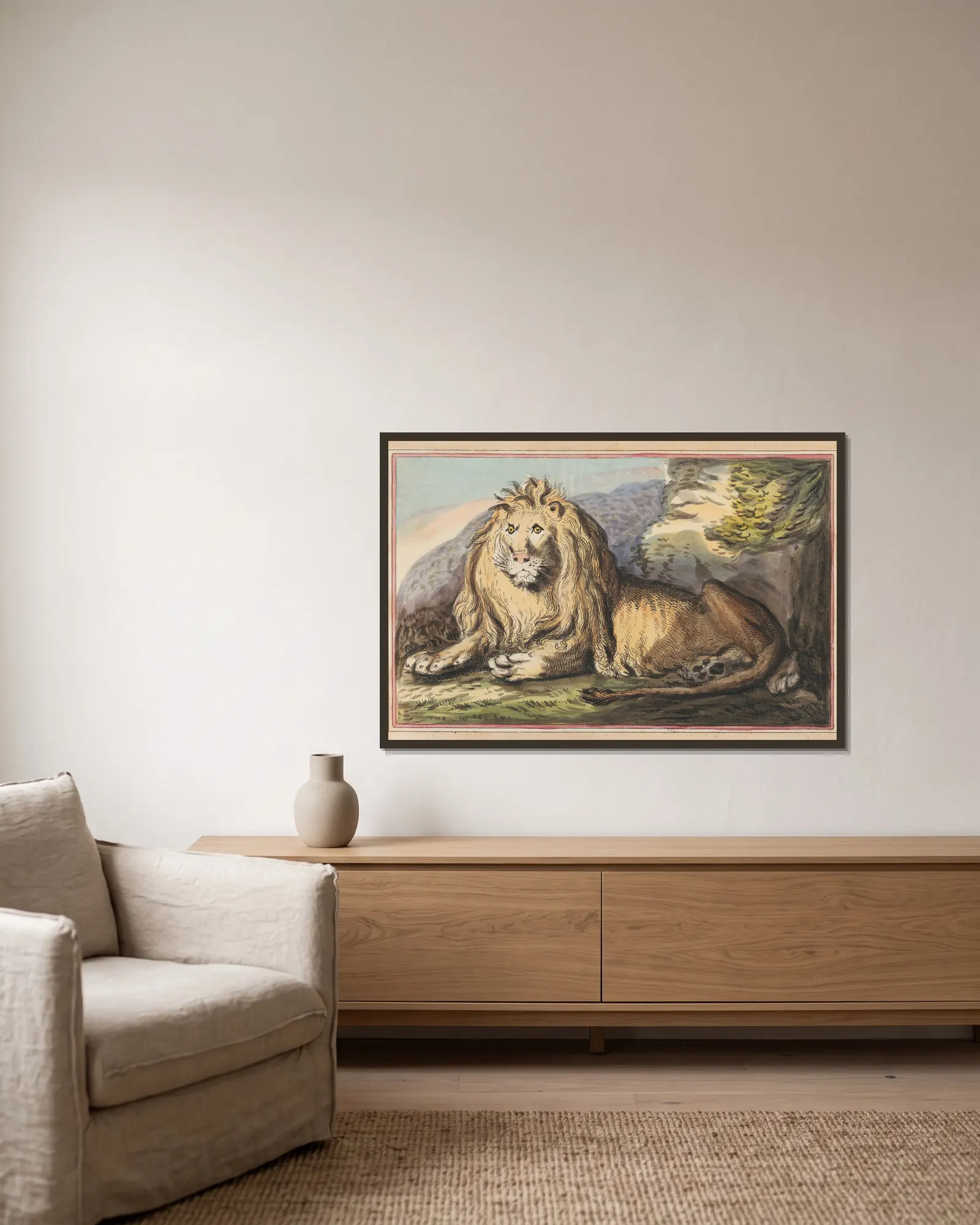 The Lion av Thomas Rowlandson inramad på en vägg