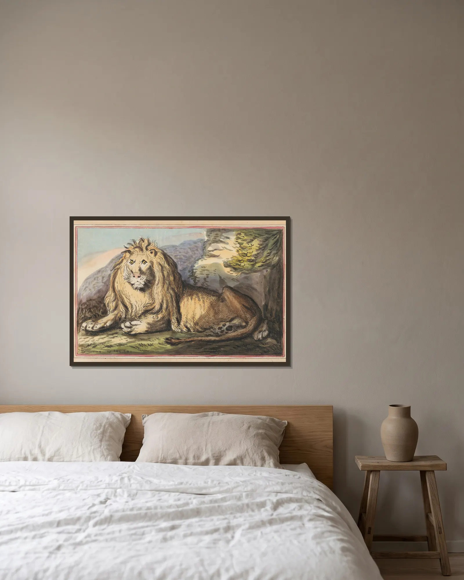 The Lion av Thomas Rowlandson inramad på en vägg