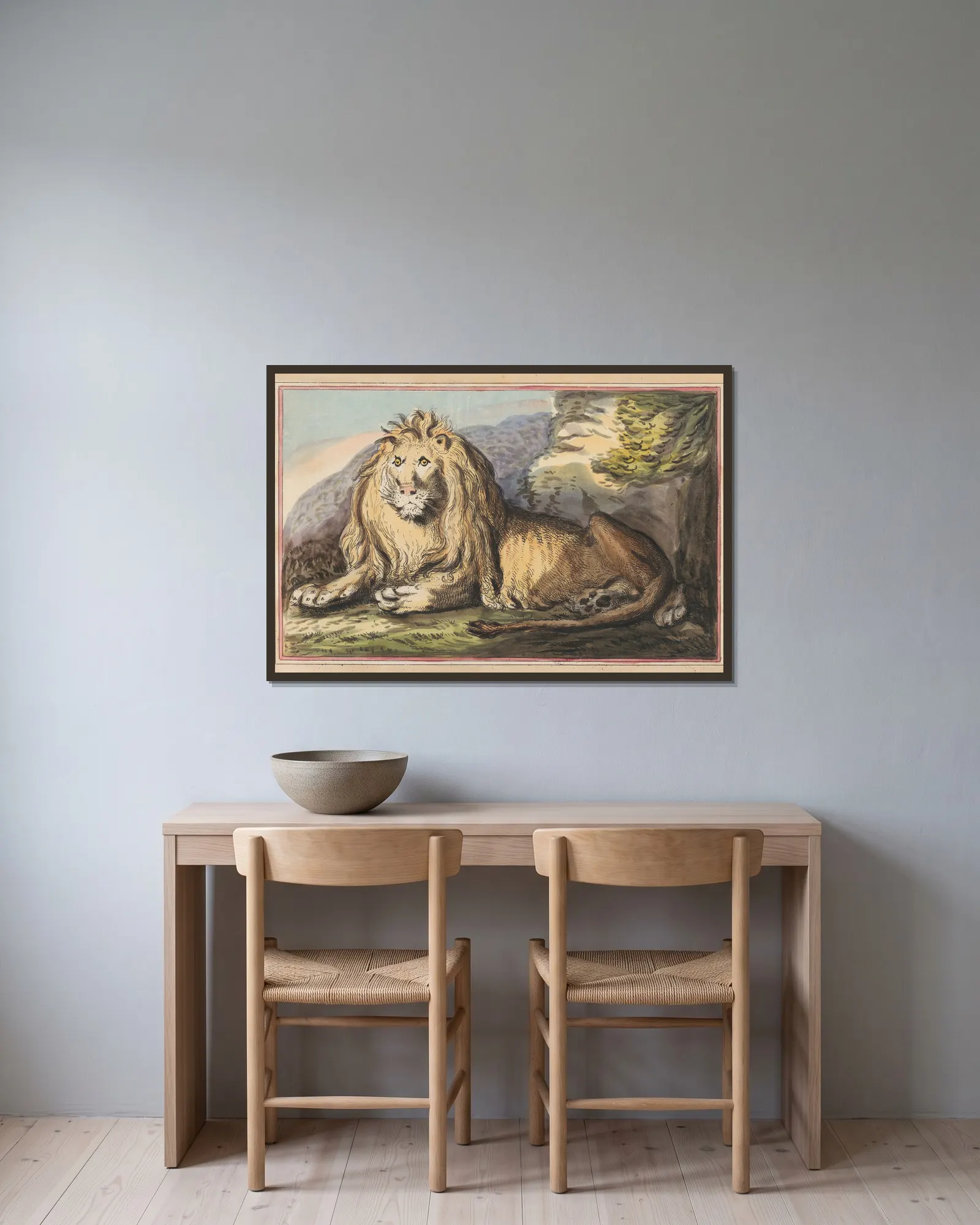 The Lion av Thomas Rowlandson inramad på en vägg