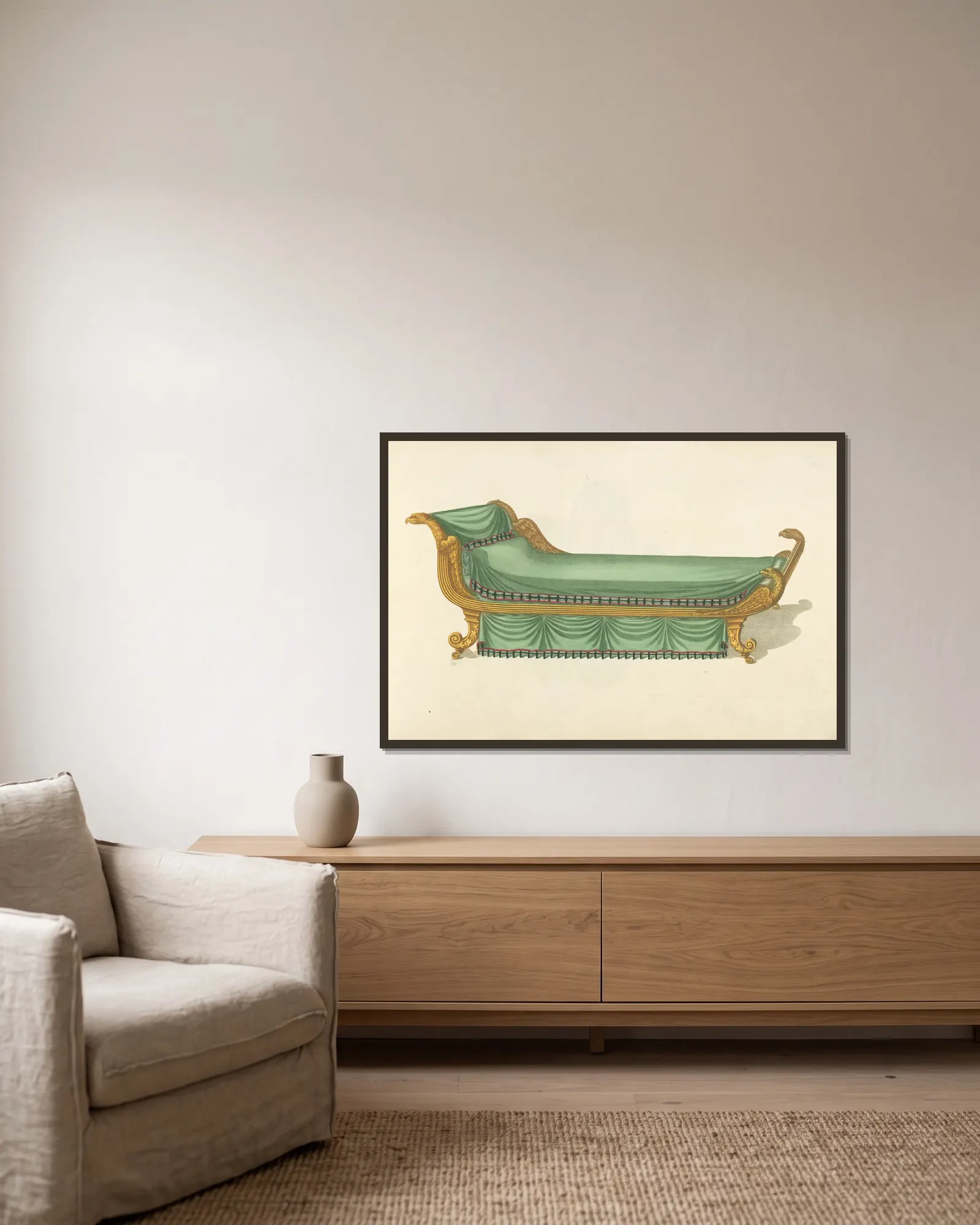 Chaise longue. av Thomas Sheraton inramad på en vägg