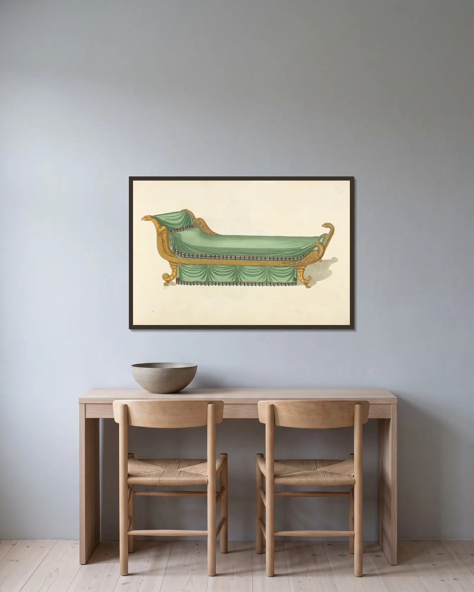 Chaise longue. av Thomas Sheraton inramad på en vägg