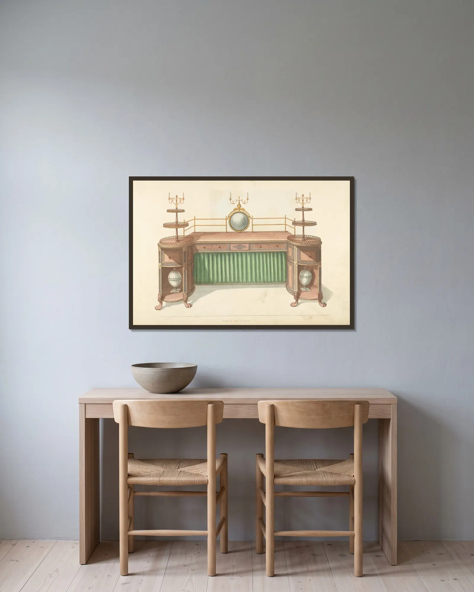 Sideboard av Thomas Sheraton inramad på en vägg