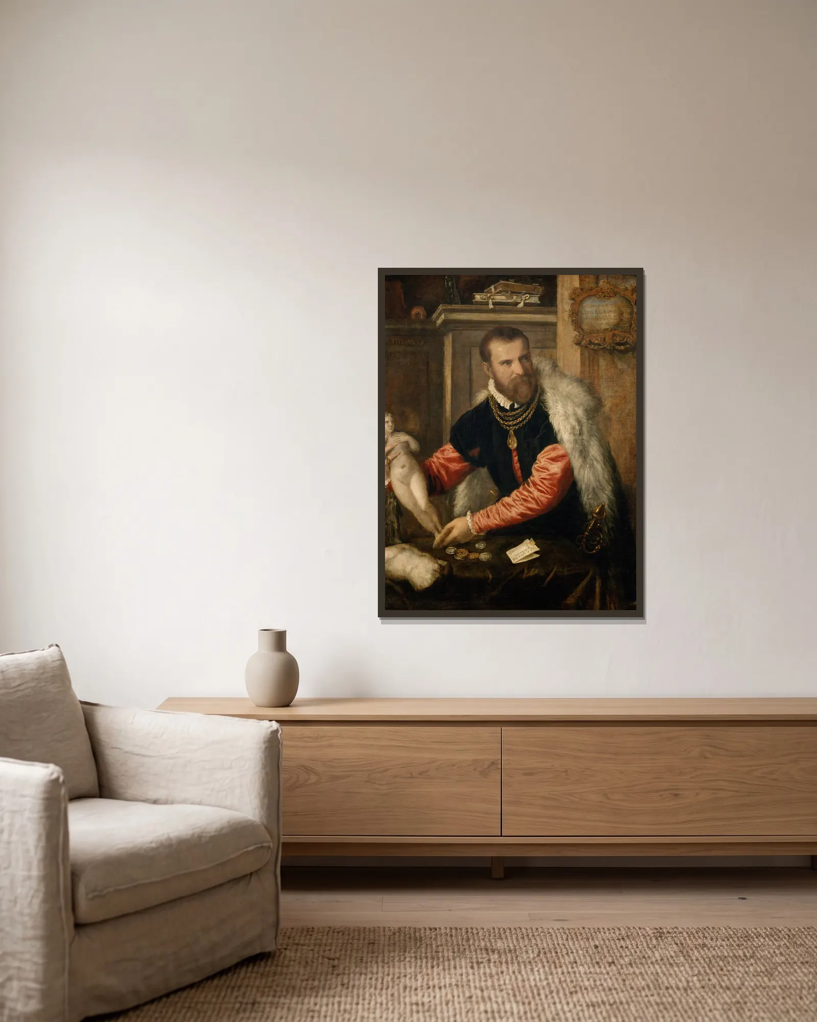 Jacopo Strada av Titian inramad på en vägg