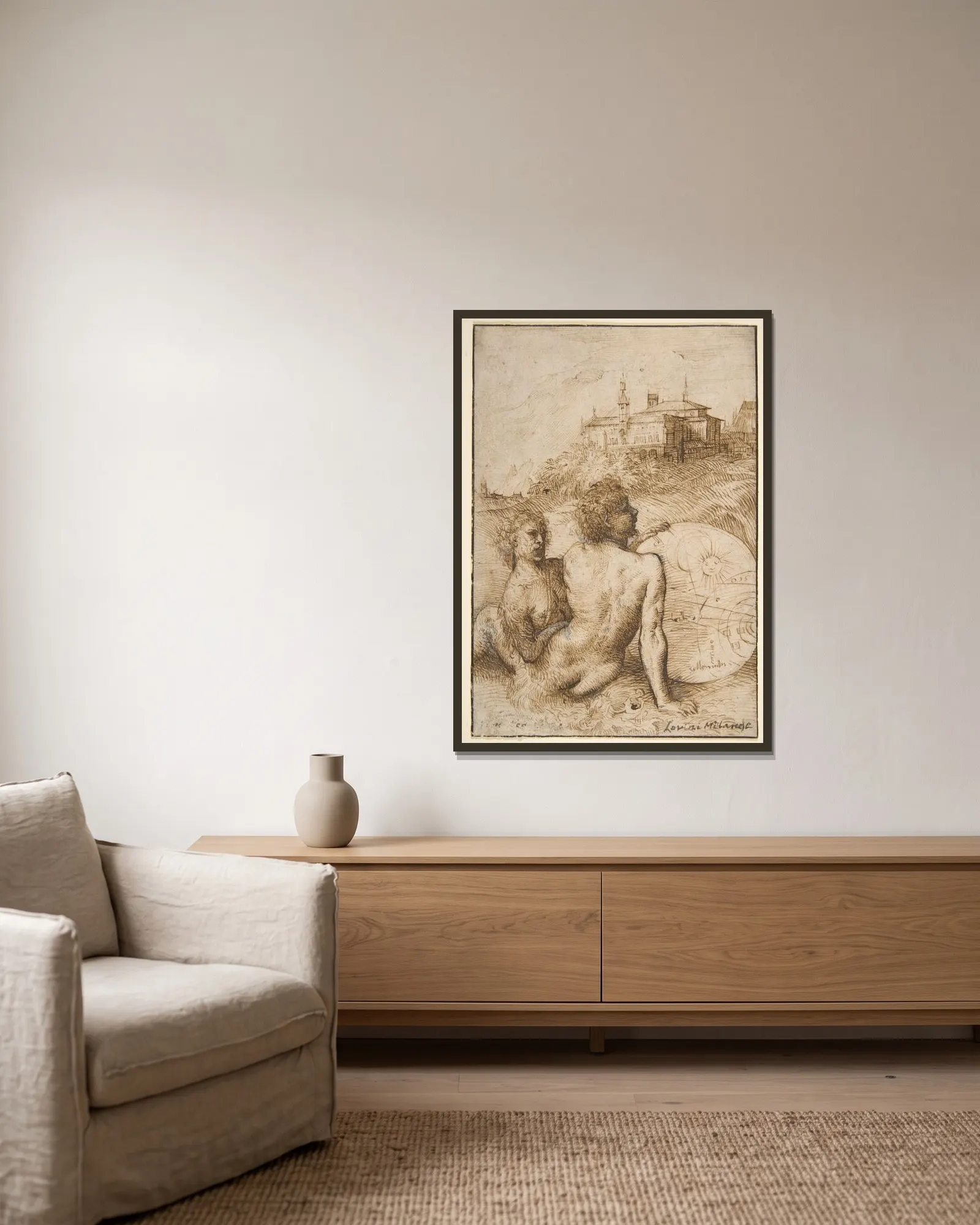 Two Satyrs in a Landscape av Titian inramad på en vägg