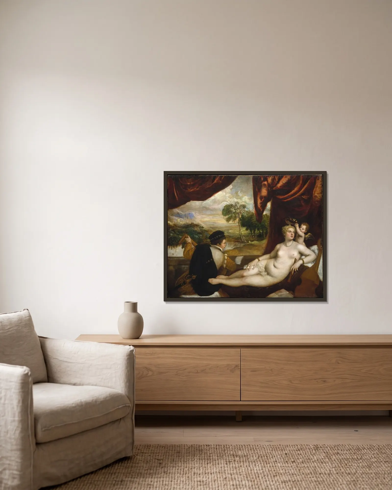 Venus and The Lute Player av Titian inramad på en vägg
