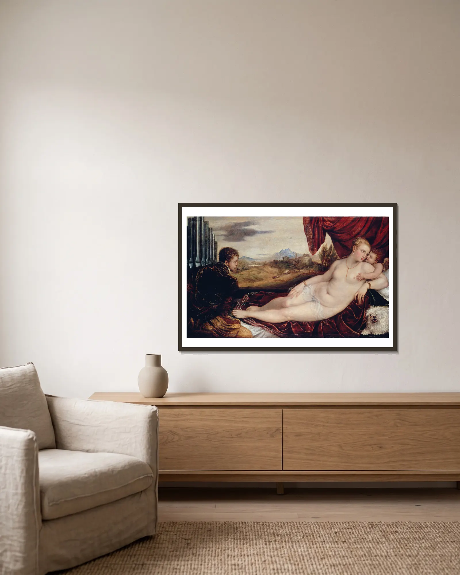 Venus with the Organ Player av Titian inramad på en vägg